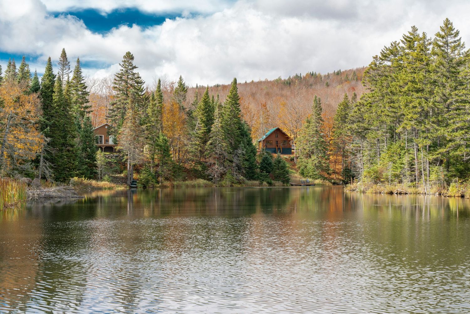 Serene autumn lake reflecting colorful fall foliage and a rustic cabin nestled among evergreen trees.