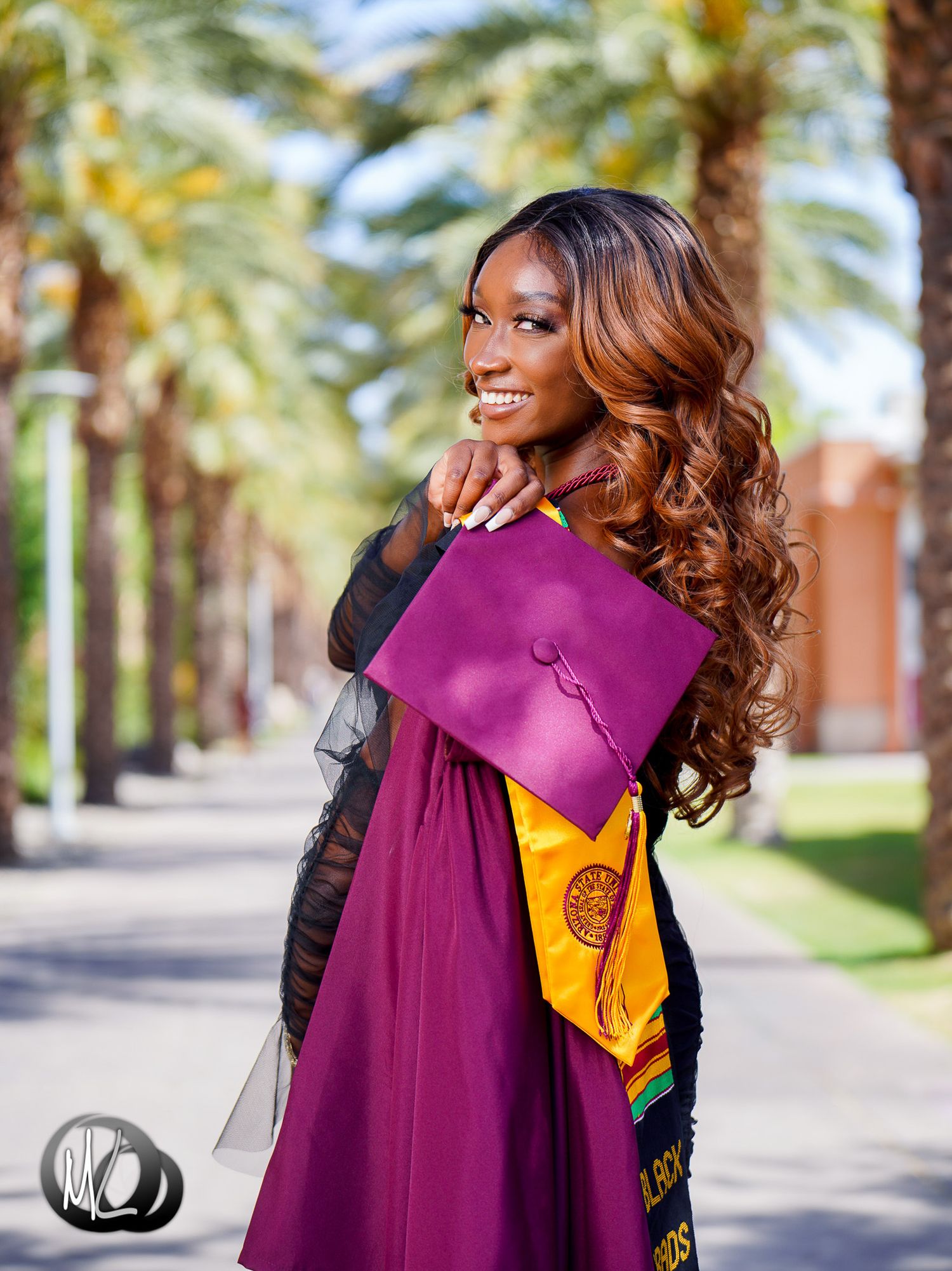Fashion photo series featuring a purple graduation gown against a palm tree backdrop.
