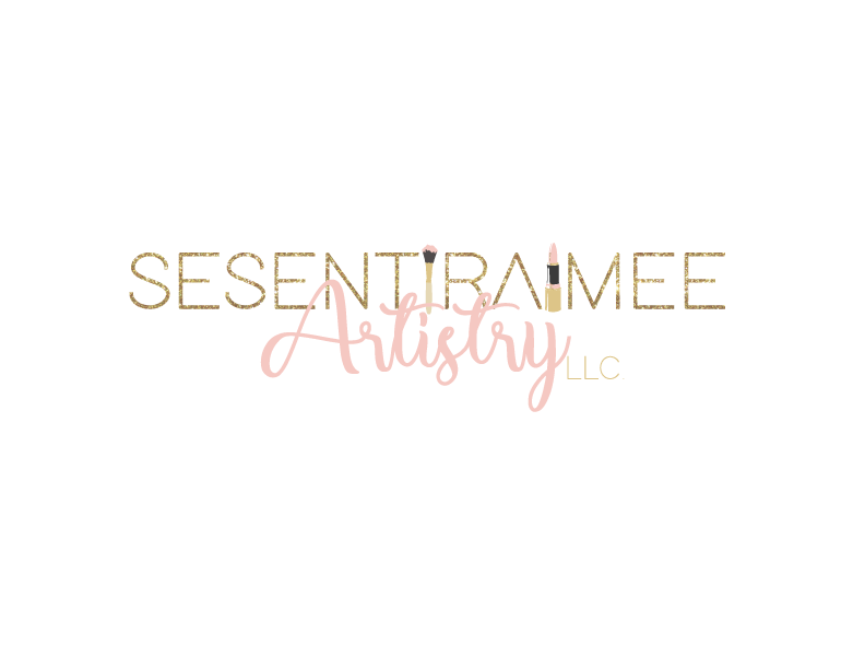 Elegant gold and pink text logo design on black background.