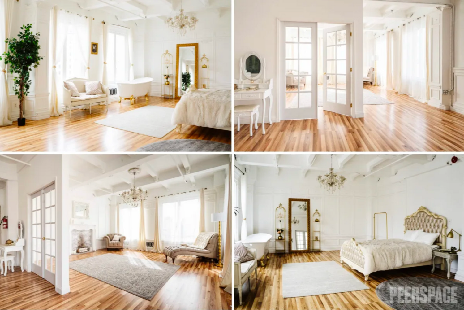 Bright white luxury studio apartment with hardwood floors features a tall mirror, chandelier, and French doors.