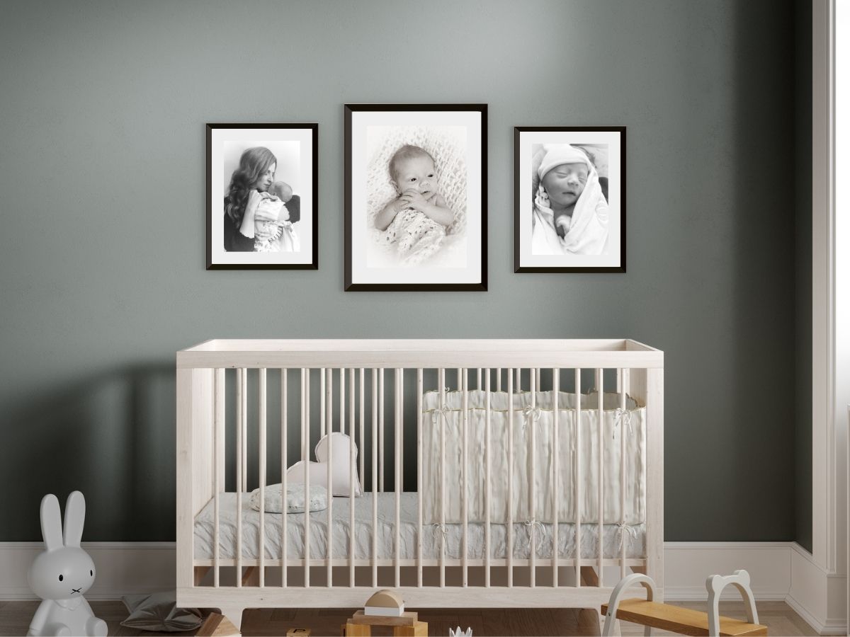 Elegant nursery wall with heirloom framed portraits – Lancaster PA luxury family photography