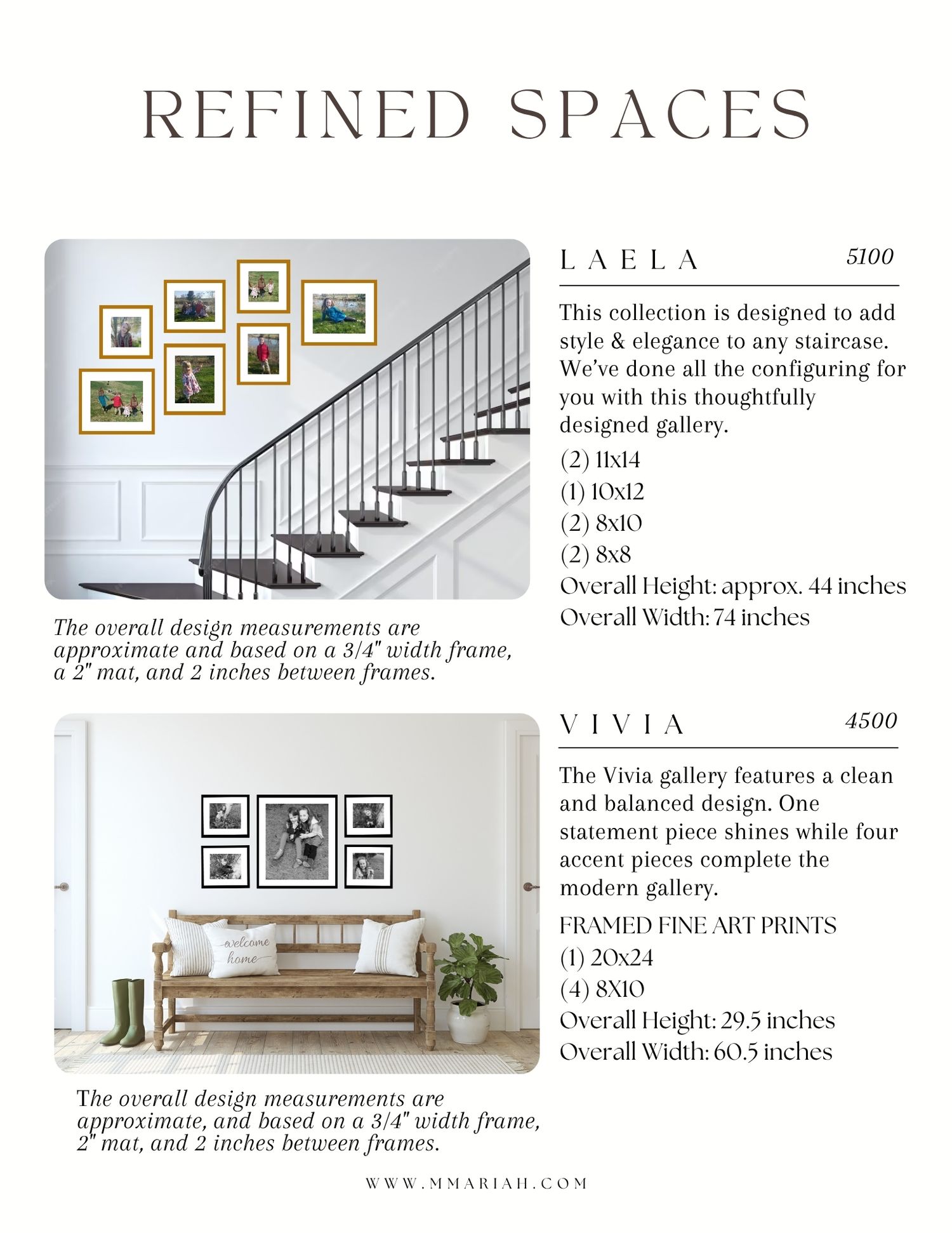 Refined Spaces gallery wall collections featuring Laela and Vivia curated art arrangements for elegant home decor.