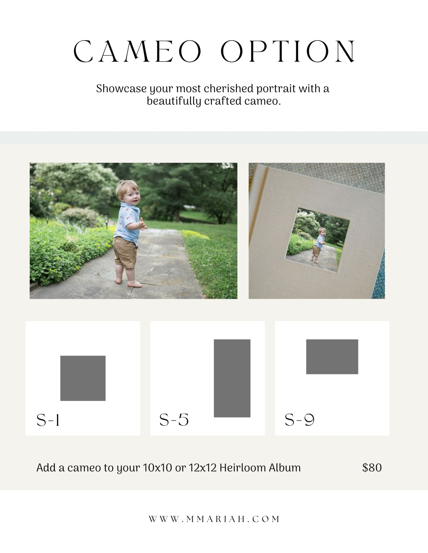 A cameo photo album option showcasing a toddler walking on a garden path, with sample cameo sizes S-1, S-5, and S-9 displayed.