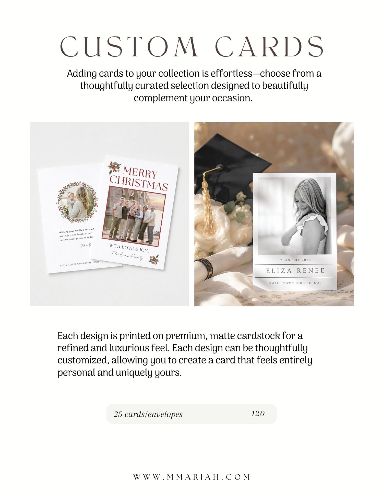 Collection of custom greeting cards featuring various designs and holiday themes.