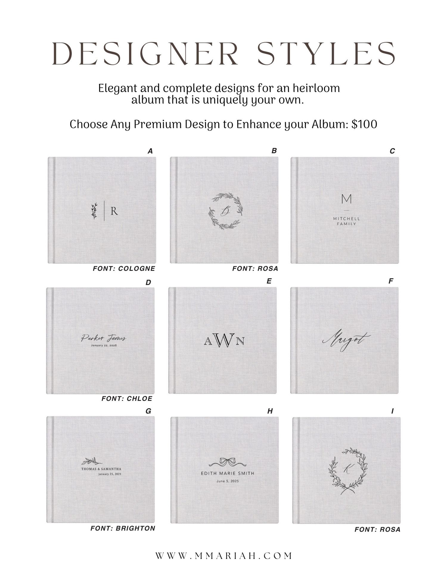 Designer styles grid displaying elegant monogram and typography layout options.