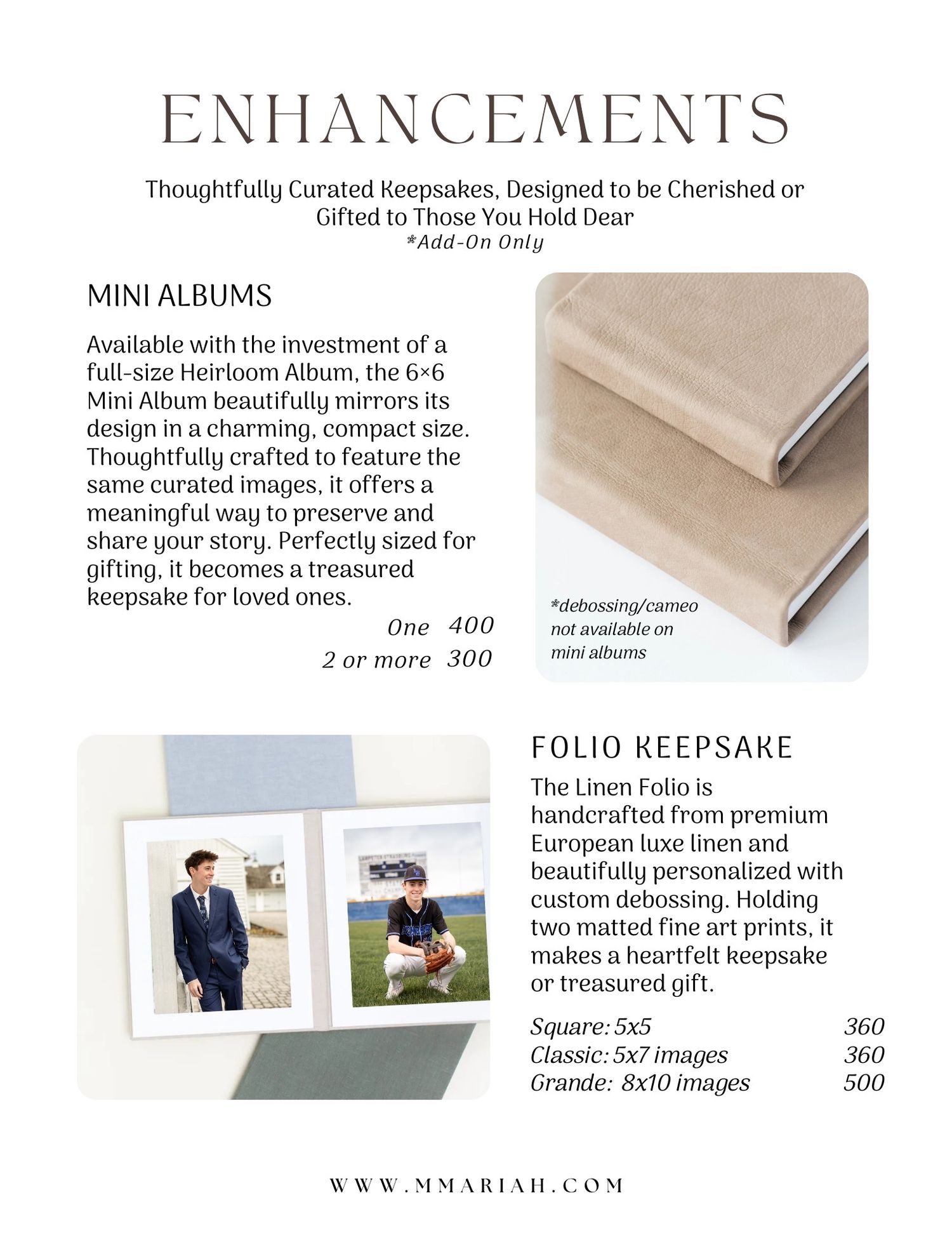 Product catalog showing photo album enhancements and mini album options.