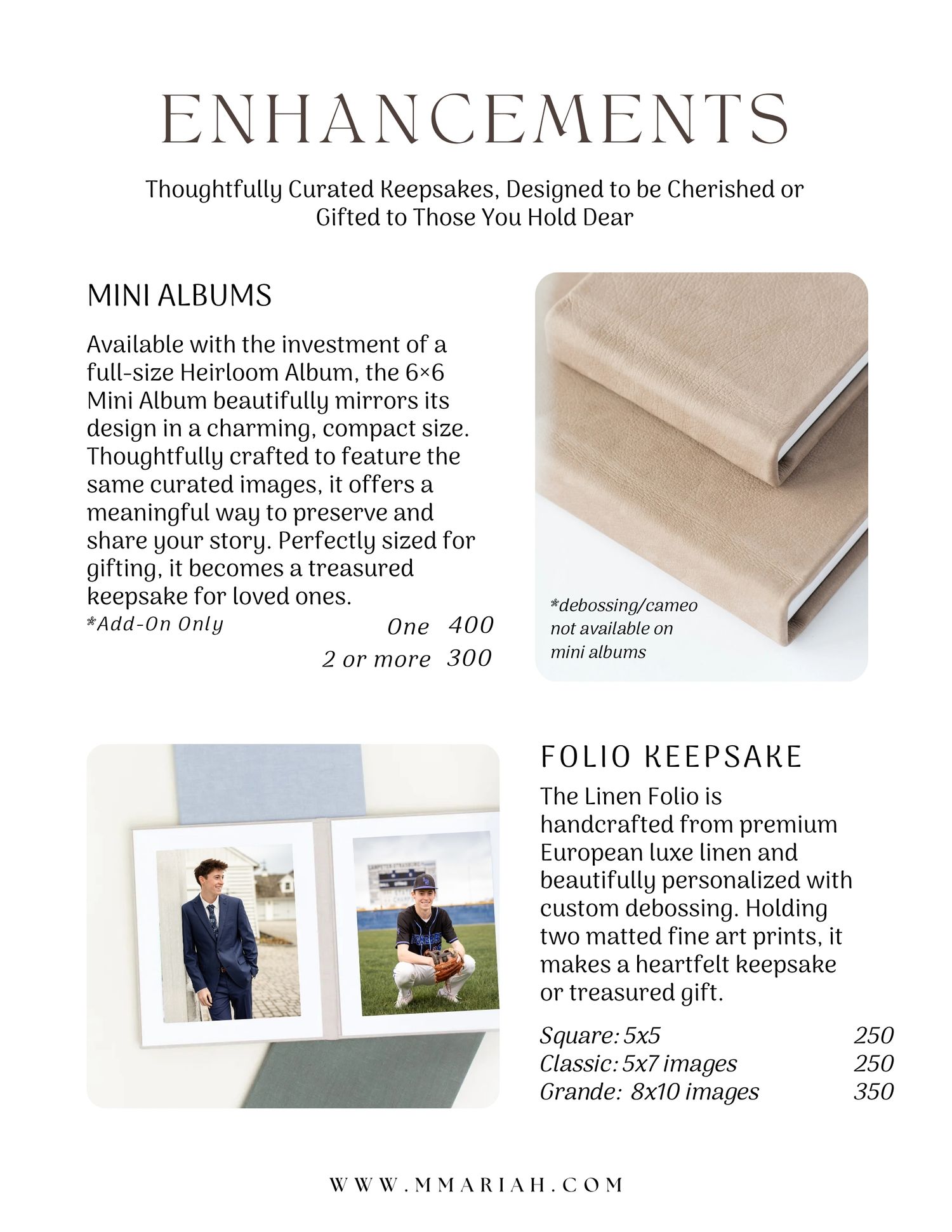 Elegant photography enhancements menu showing mini albums and linen folio keepsake options with pricing details.
