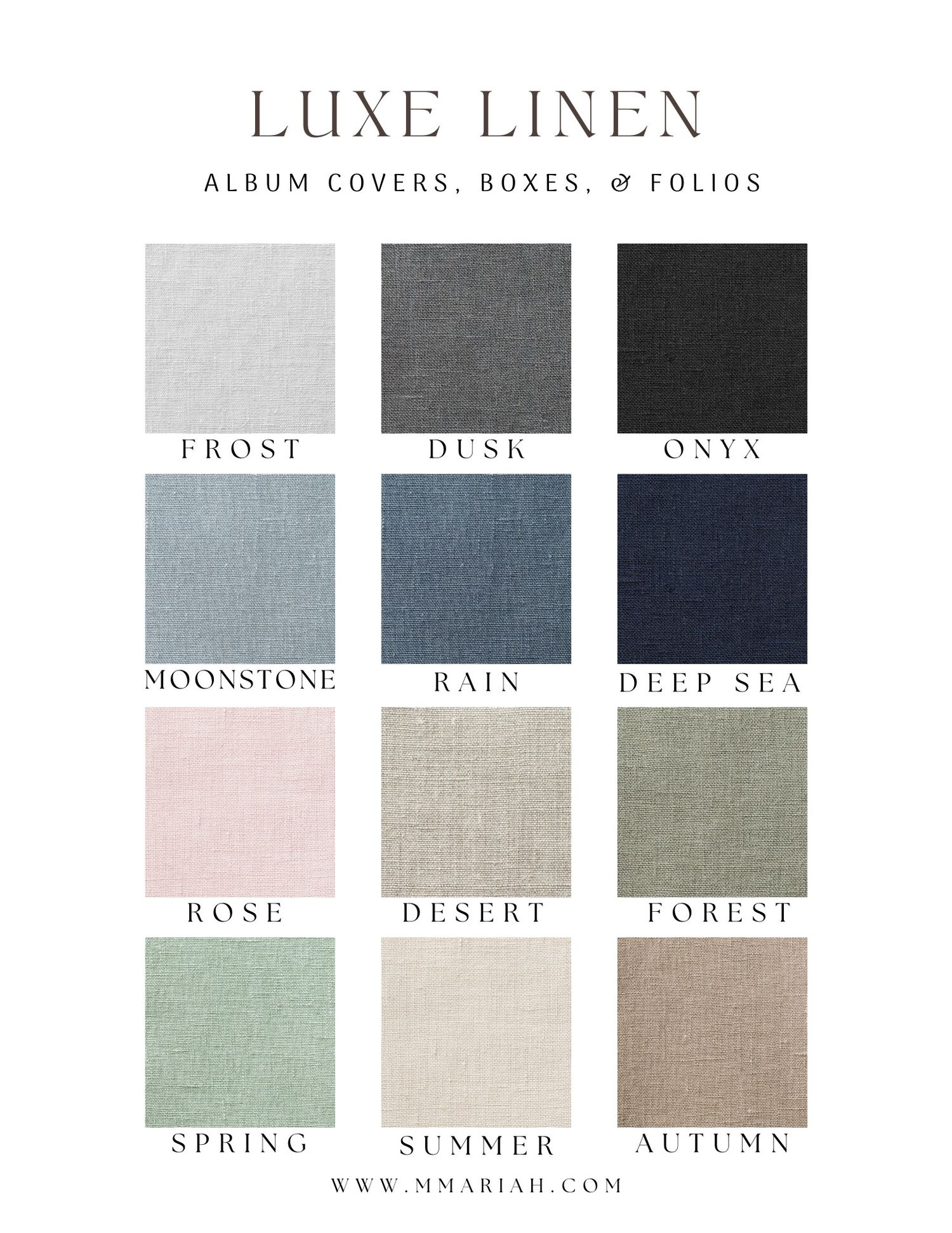Color swatch collection of luxe linen fabric options in soft, neutral tones.
