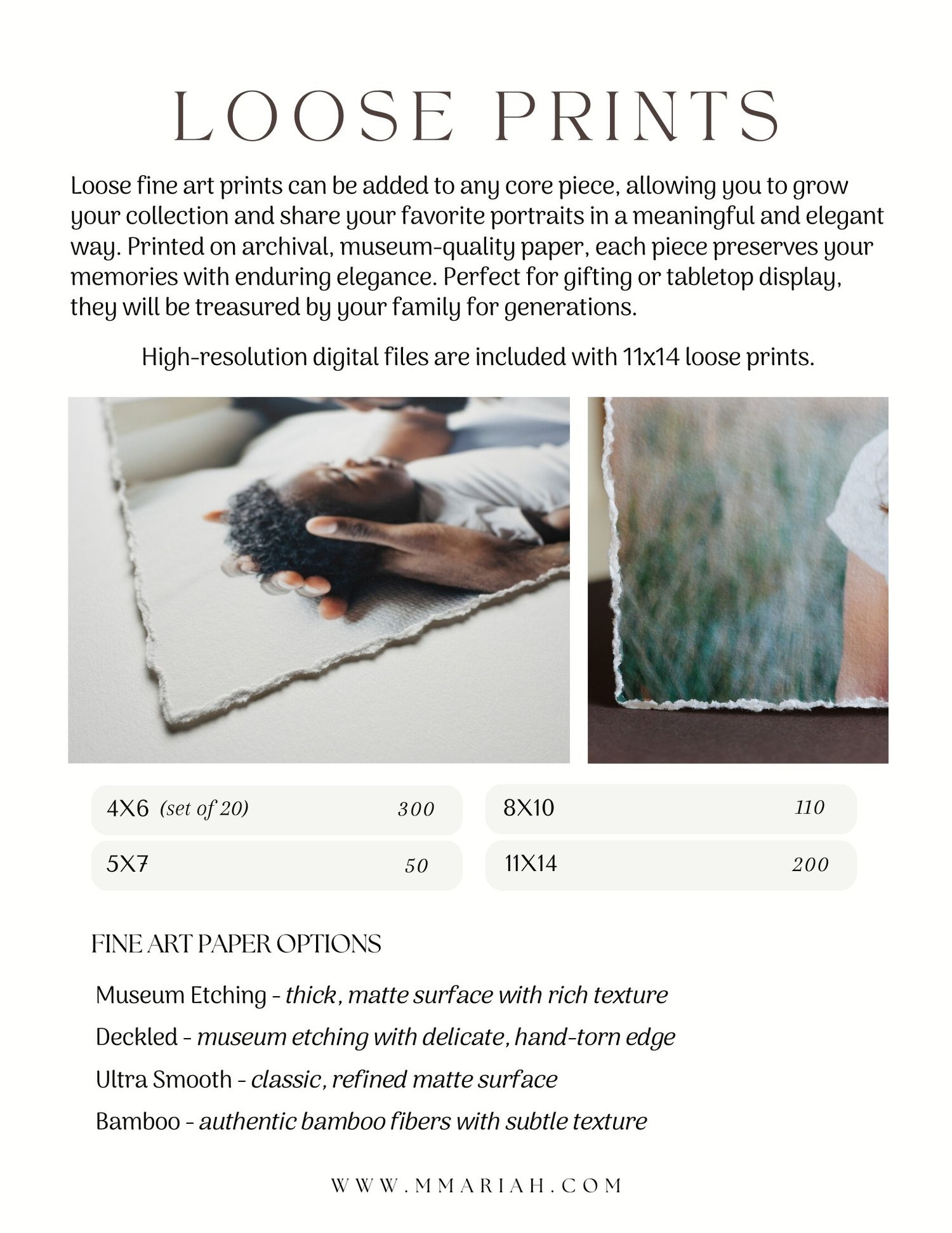 Display of loose fine art prints with text describing print options and paper selections.