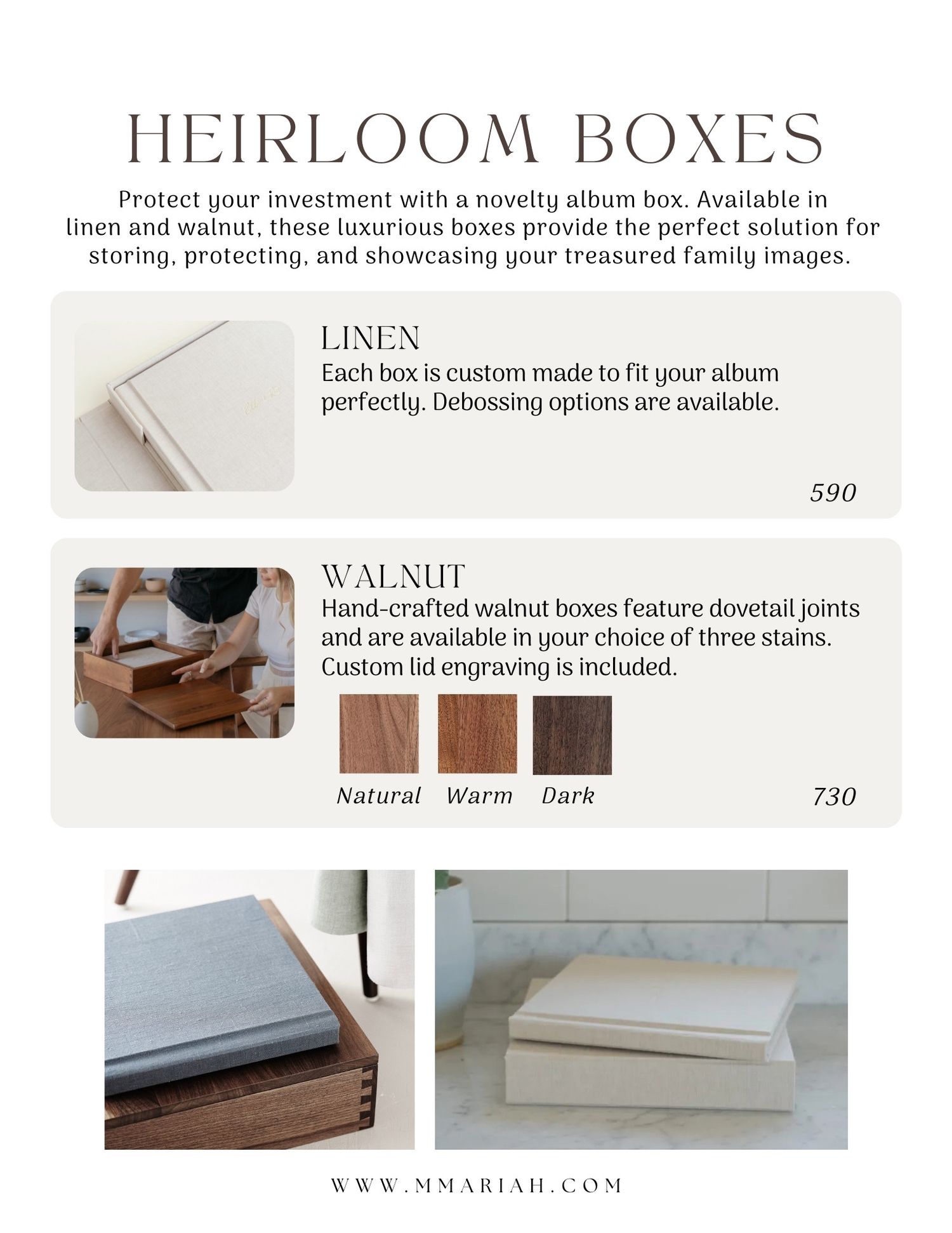 Product page featuring heirloom wooden photo album boxes in walnut and linen finishes.