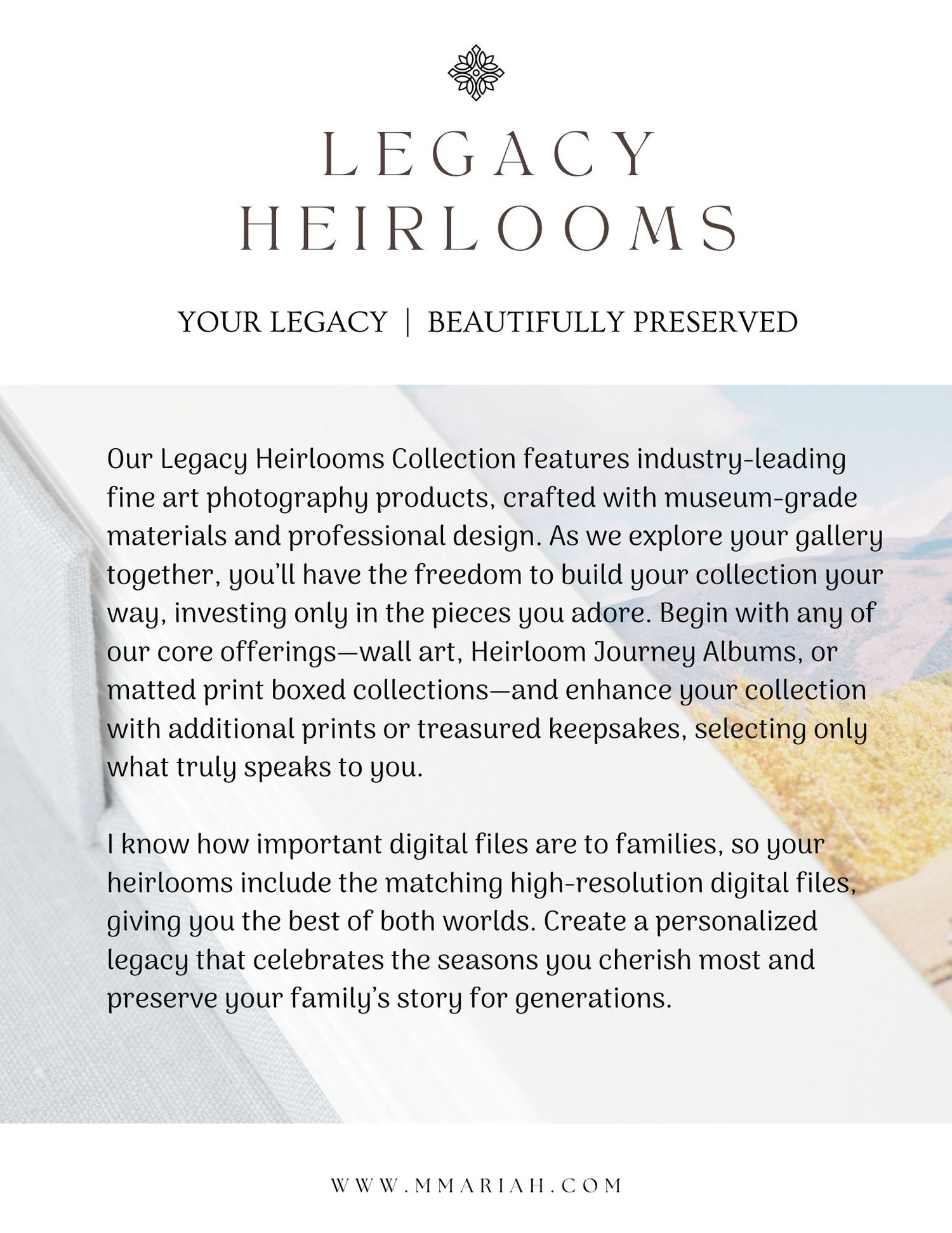 Professional photography heirlooms collection banner showcasing legacy preservation services.