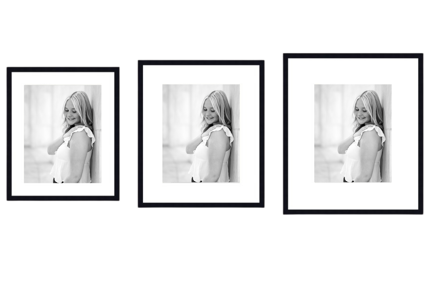 Three archival framed prints displaying available matting sizes, each featuring a black-and-white fine art portrait of a senior girl.