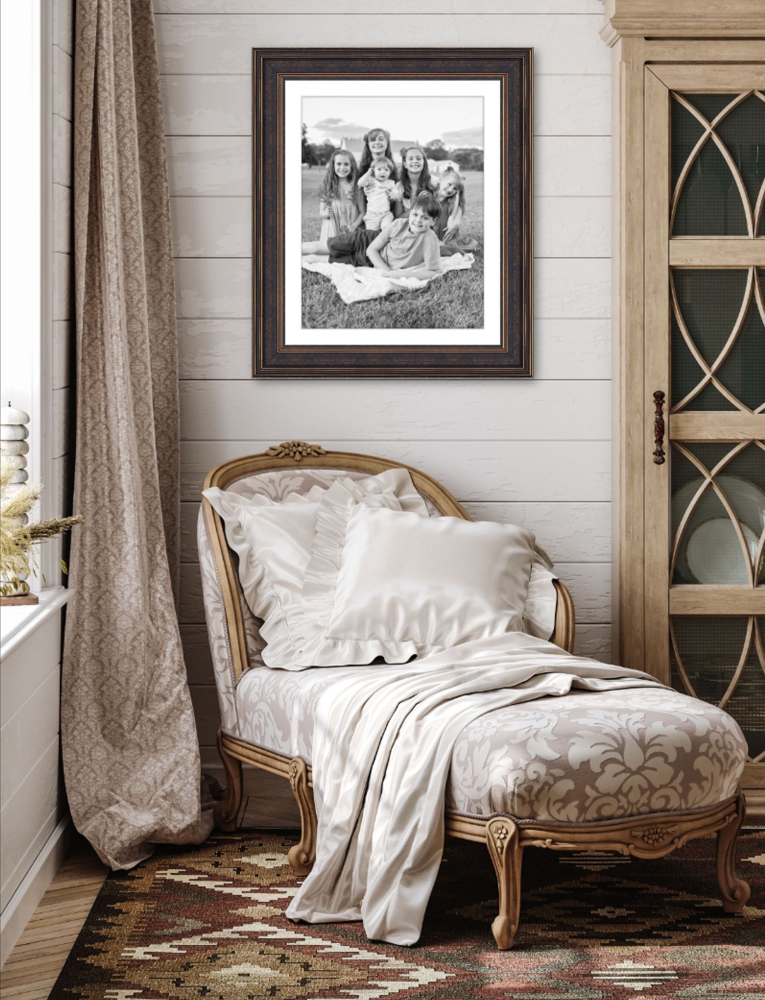 An elegant, framed wall portrait of siblings, taken in black and white by Megan Mariah Photography in Lancaster, PA.