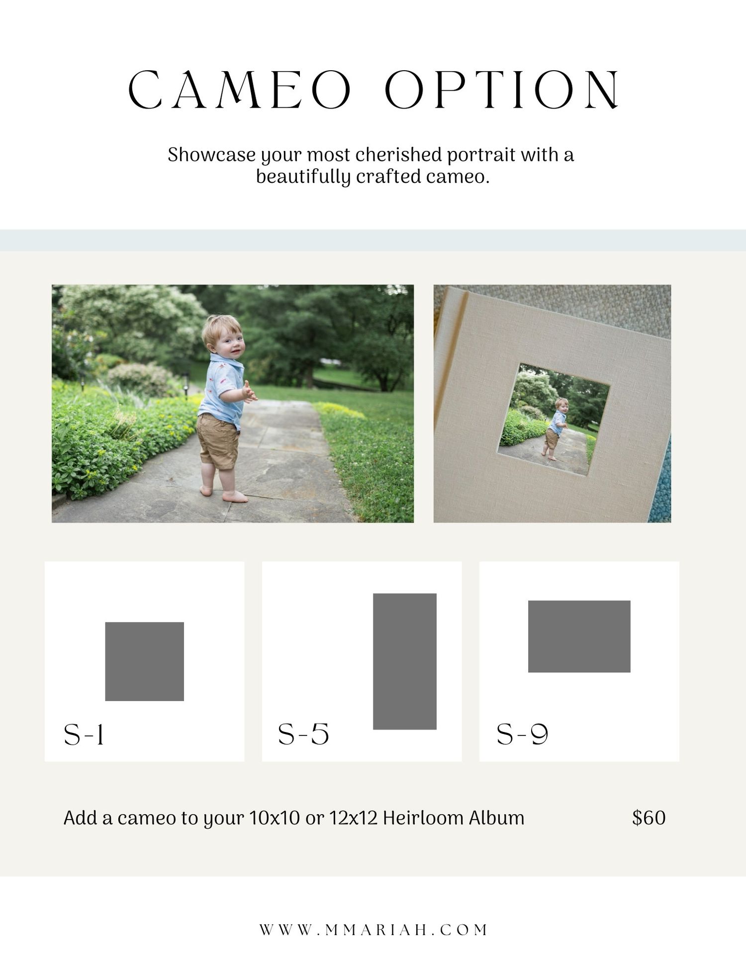 Cameo photo frame options with sample layouts and pricing information.