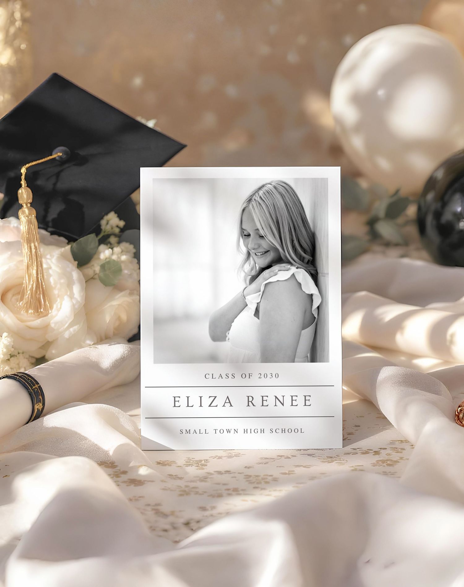 A graduation themed banner design with elegant text overlays and soft beige tones in a minimalist style.
