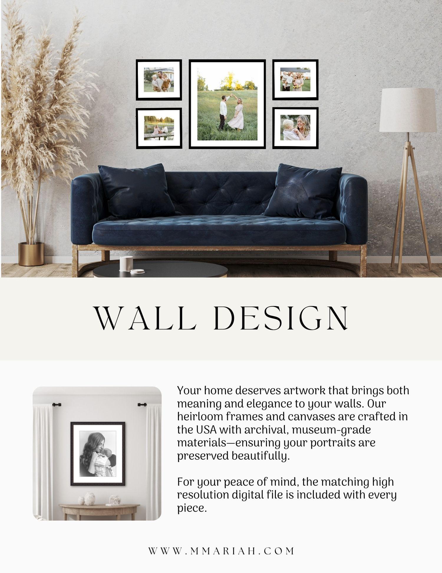 Modern wall design showcase featuring framed artwork and contemporary furniture in neutral tones.