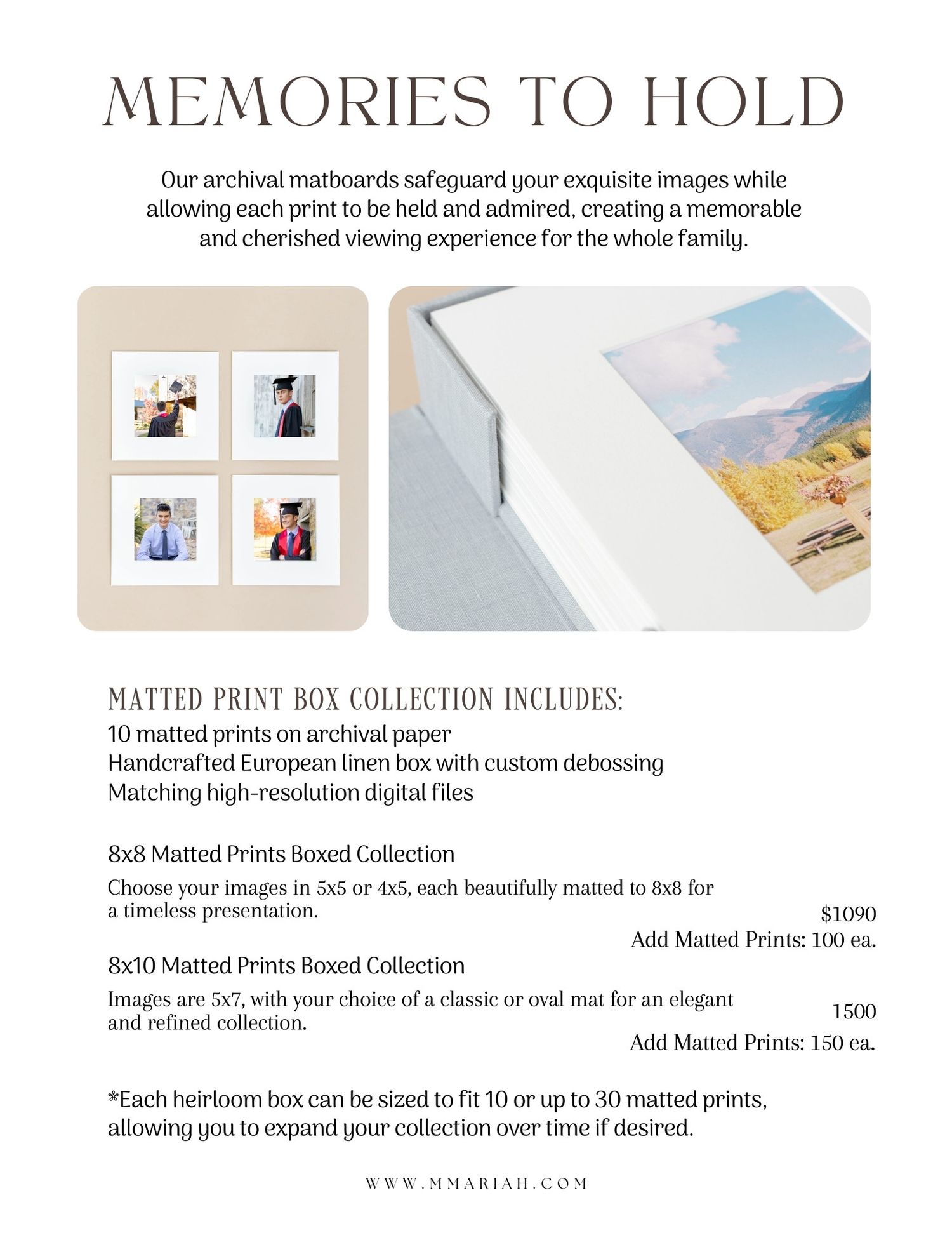 Elegant photo prints and presentation materials displayed with text describing memories to hold.