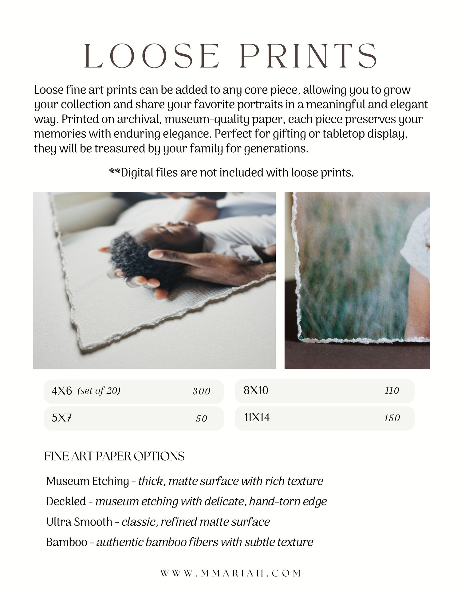 Elegant loose fine art prints on archival museum-quality paper displayed on a neutral background.