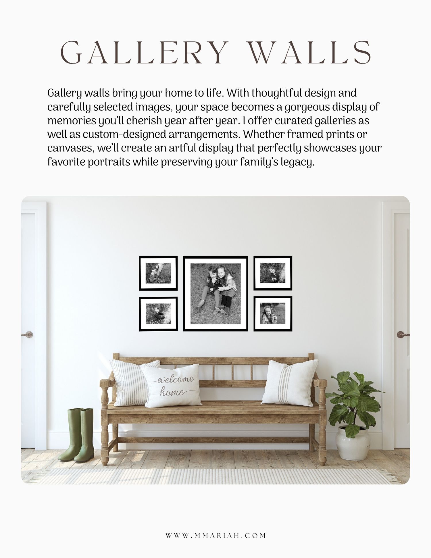 Interior design mockup showing gallery wall arrangements with framed artwork and bench seating.