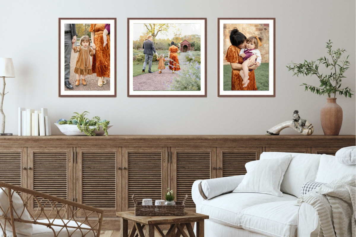 Elevated three-frame gallery wall featuring fine art portraits photographed at a private luxury venue.