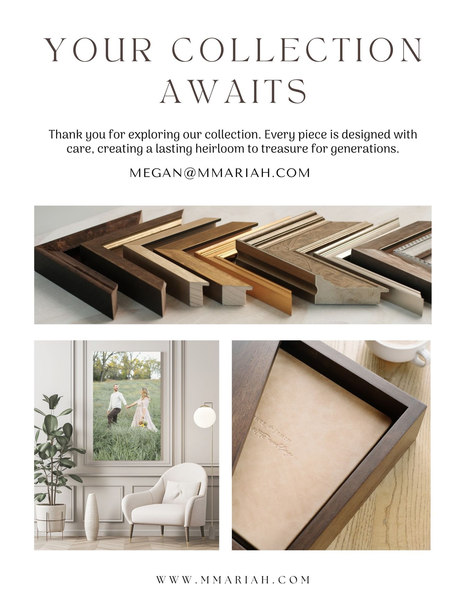 Product collection overview with frame samples and interior styling examples.