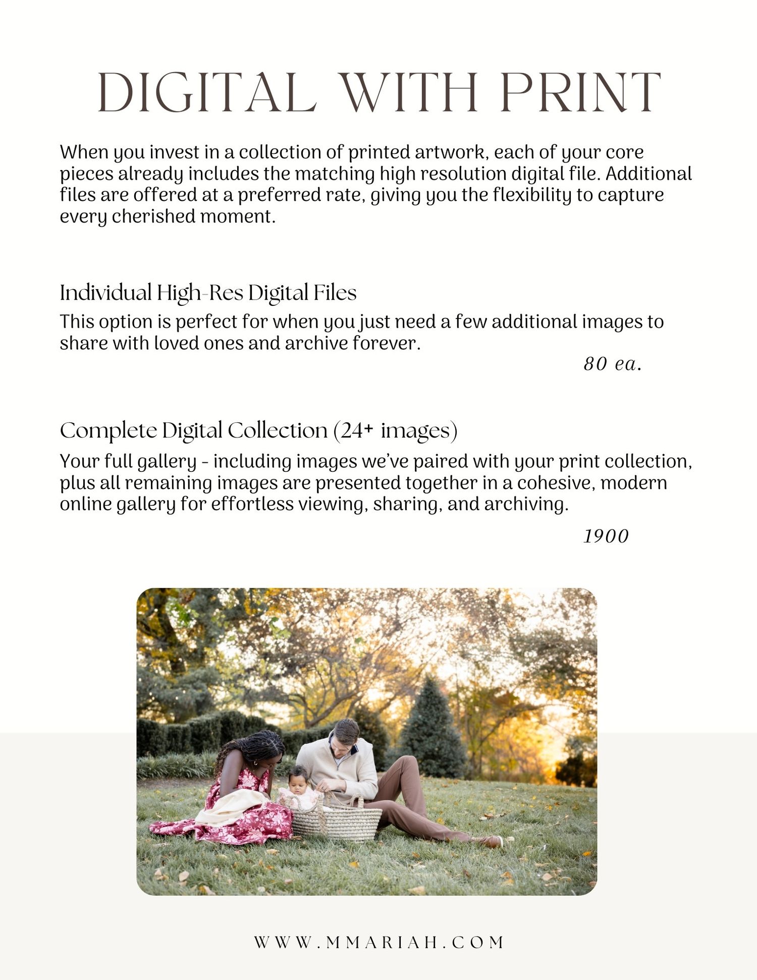 Digital photography package options showing print and digital file combinations.