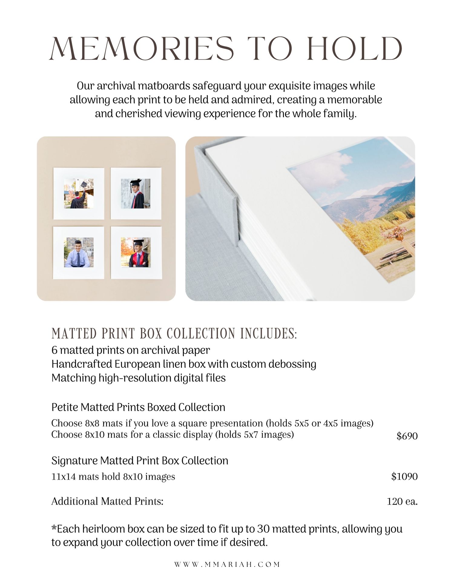Elegant matted print box collection with archival linen box and photo prints displayed on a neutral background.