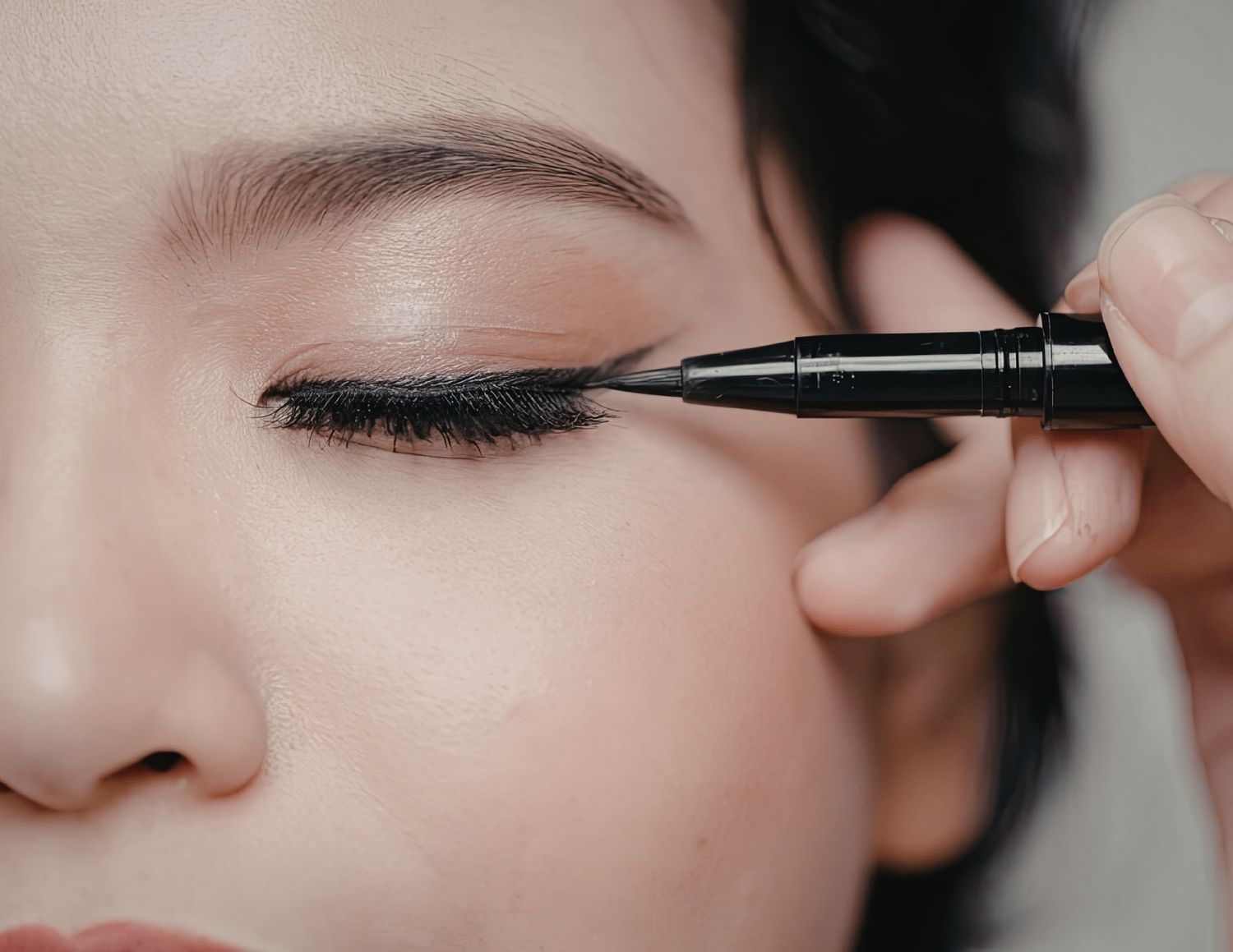 Close-up sequence showing application of liquid eyeliner along upper lash line using a fine brush tip.
