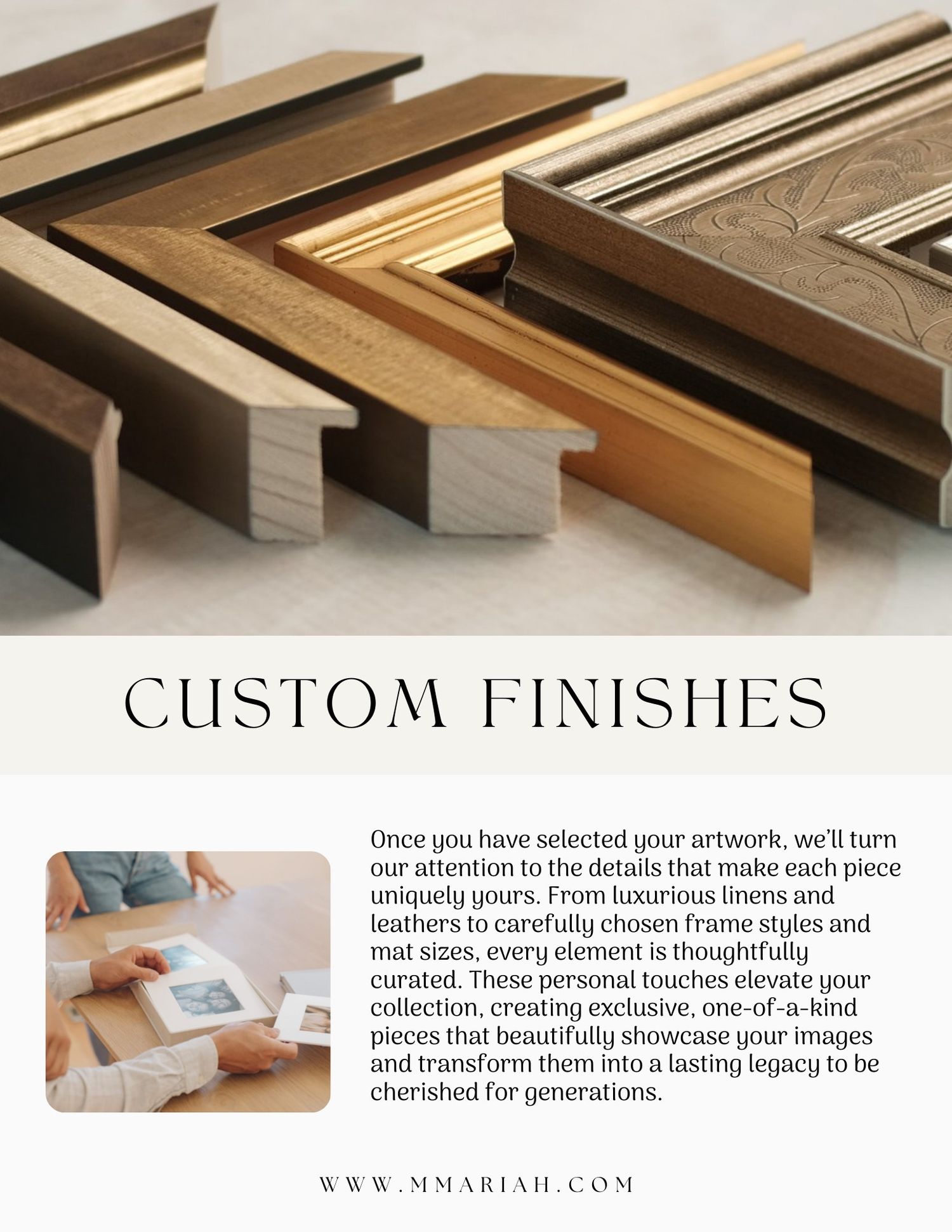 Display of custom photo frame finishes and materials in various wood tones.