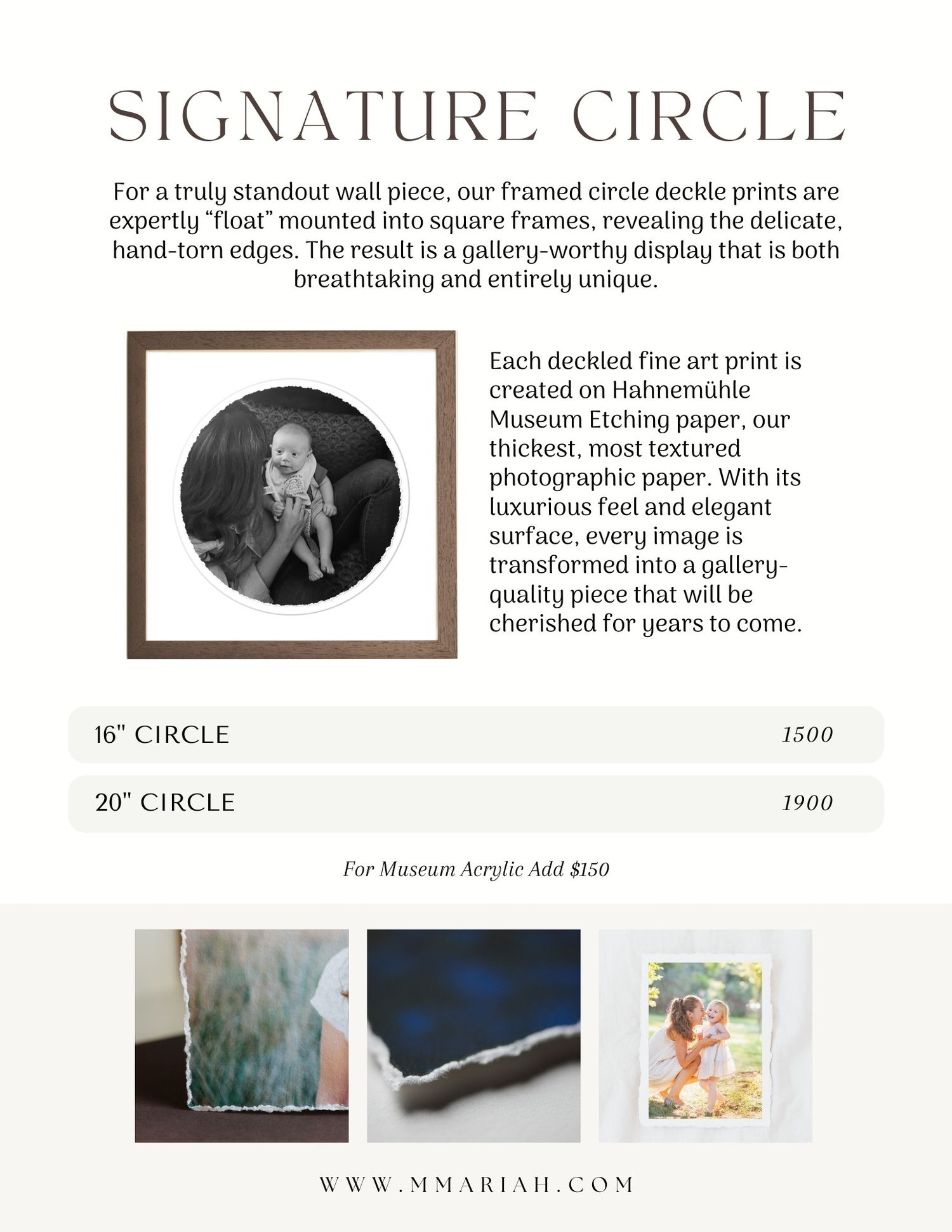 Signature circle print collection display with various frame sizes and artistic photography options.