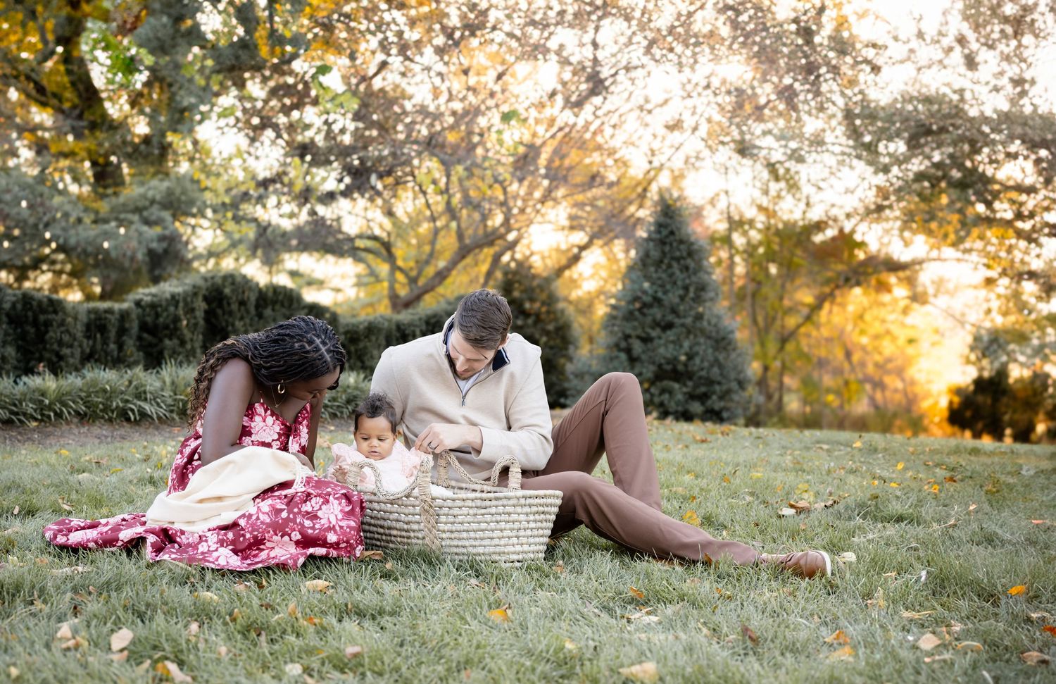 Family sitting on grass in autumn park, parents admiring baby in basket, golden sunlight filtering through trees.