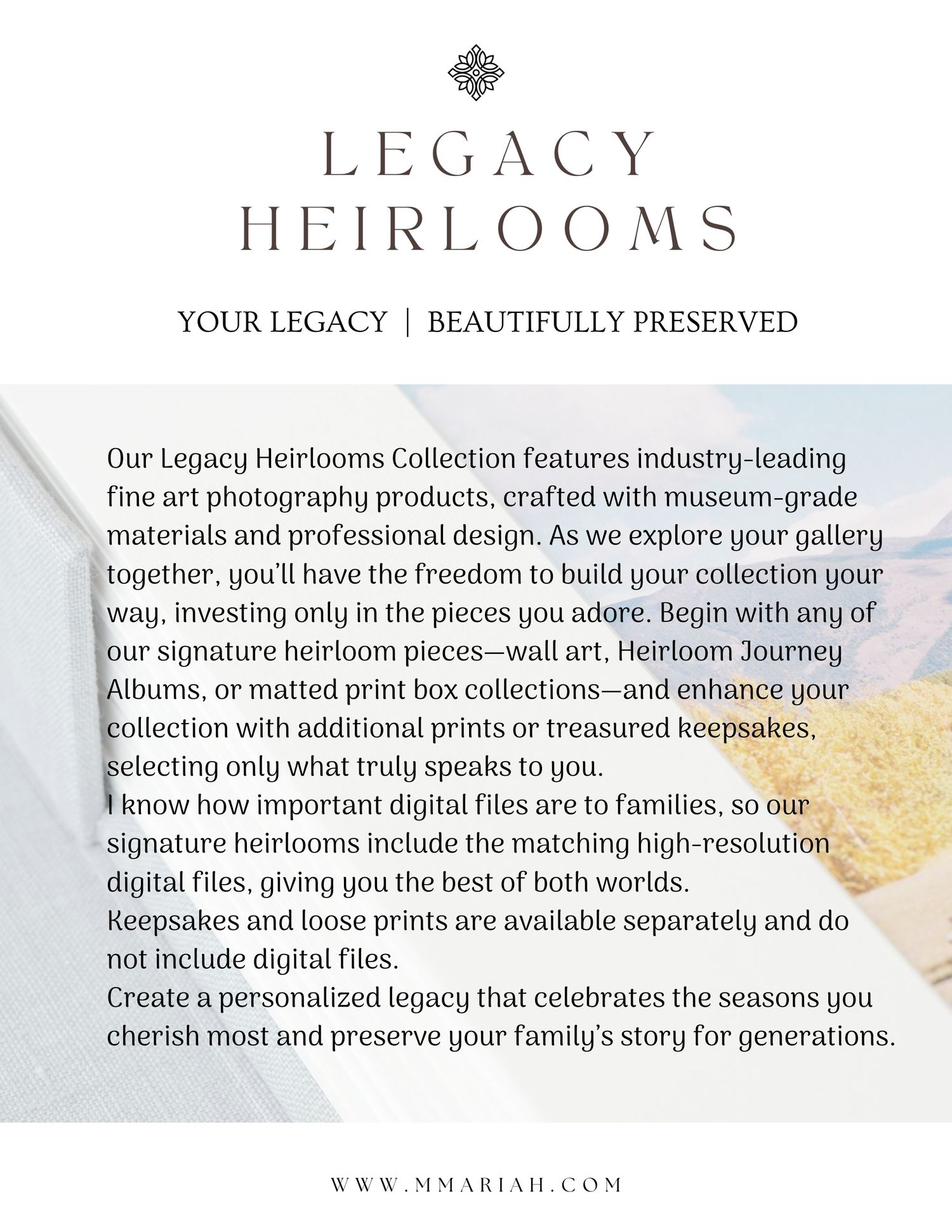 Legacy Heirlooms fine art photography collection promotional flyer featuring heirloom albums, wall art, and digital files.