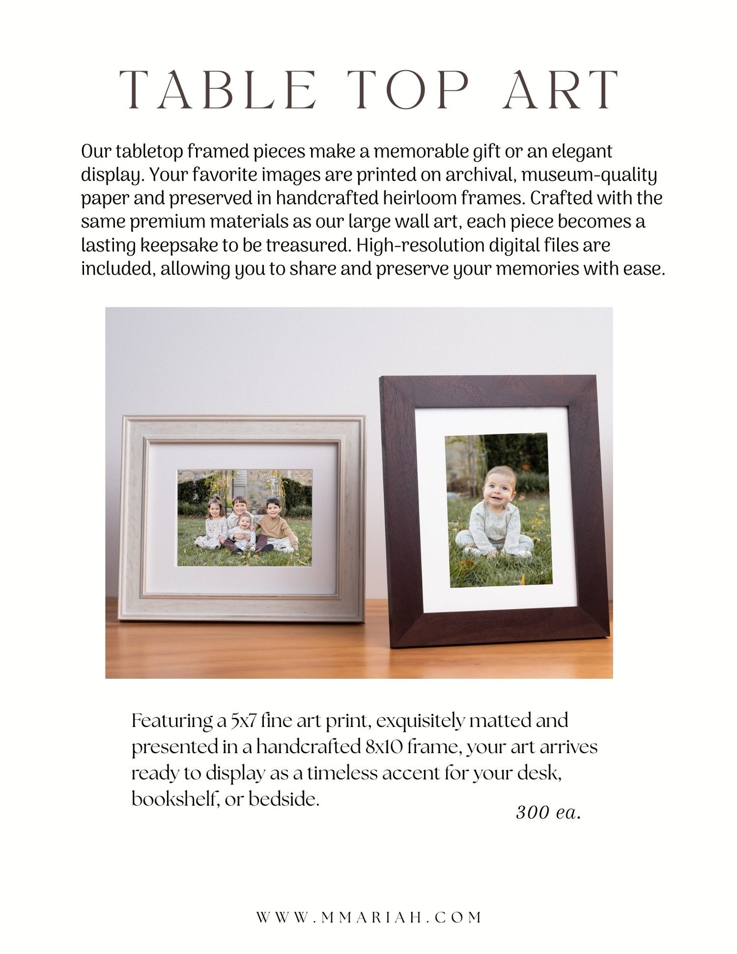 Marketing page displaying tabletop photo frame options with elegant wooden frames.