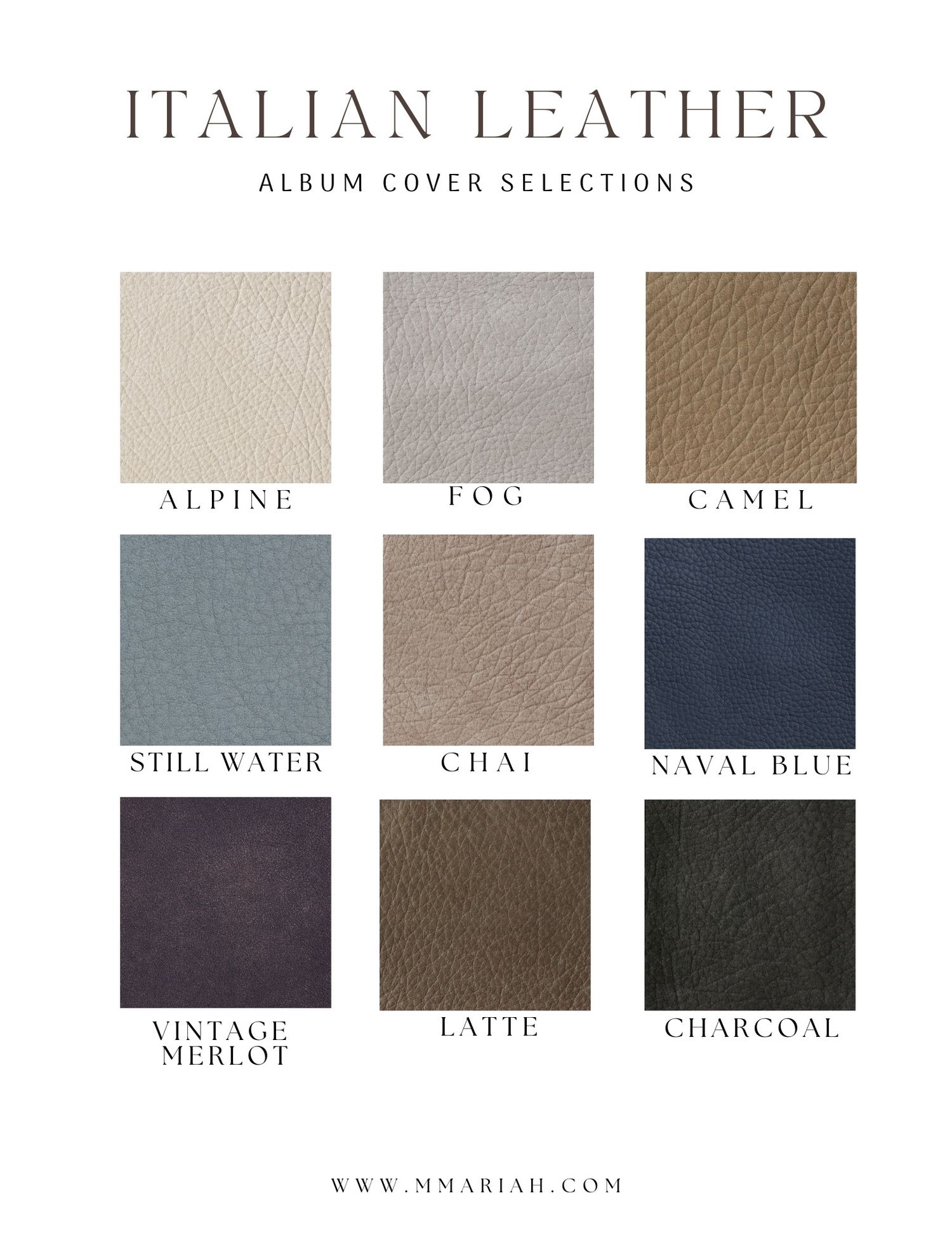 Italian leather color options displayed in a professional palette of neutral and classic tones.