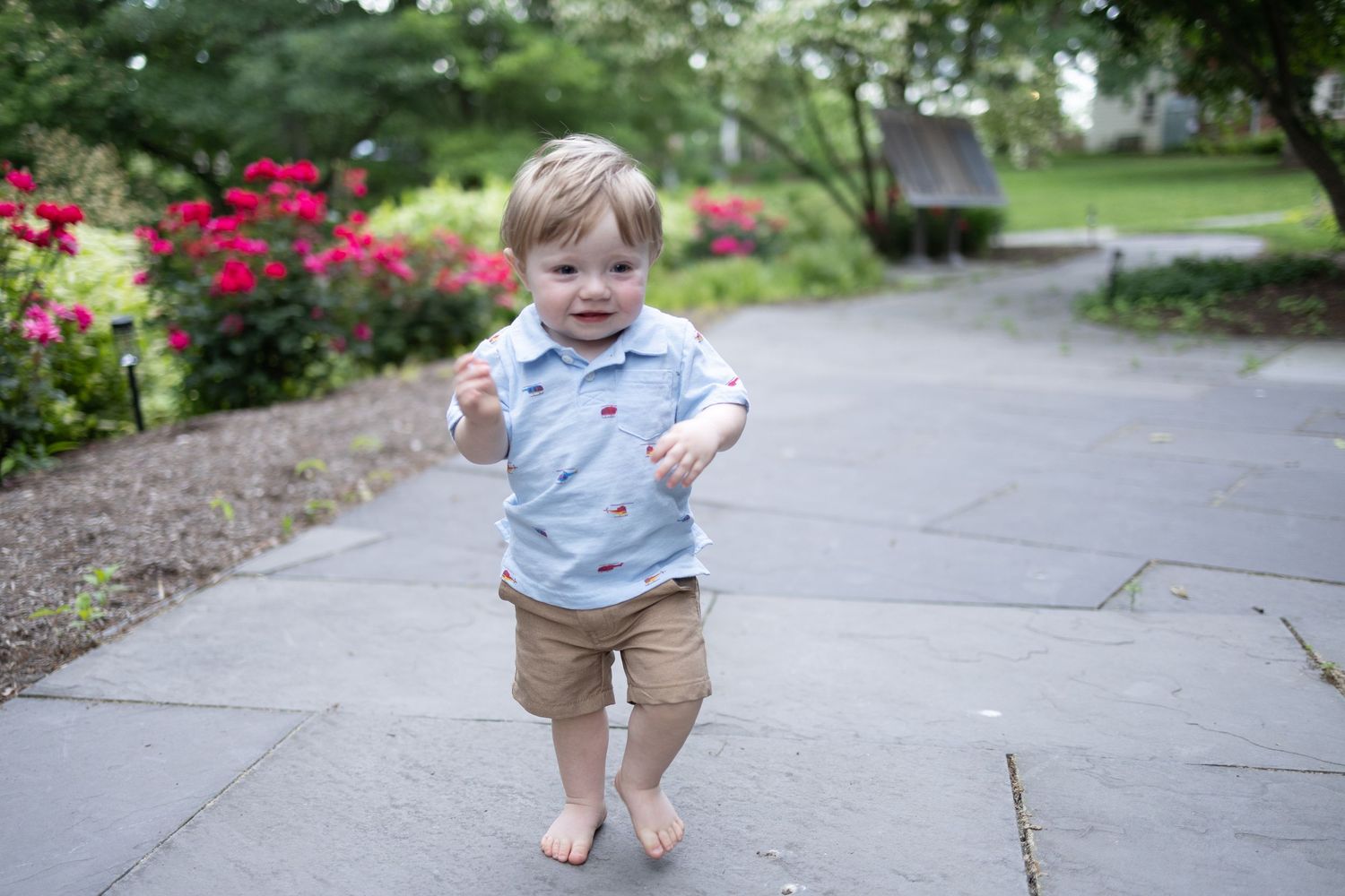 Toddler stands on stone walkway at Donegal Presbyterian Church in Mount Joy, PA during family session with Lancaster, PA photographer.