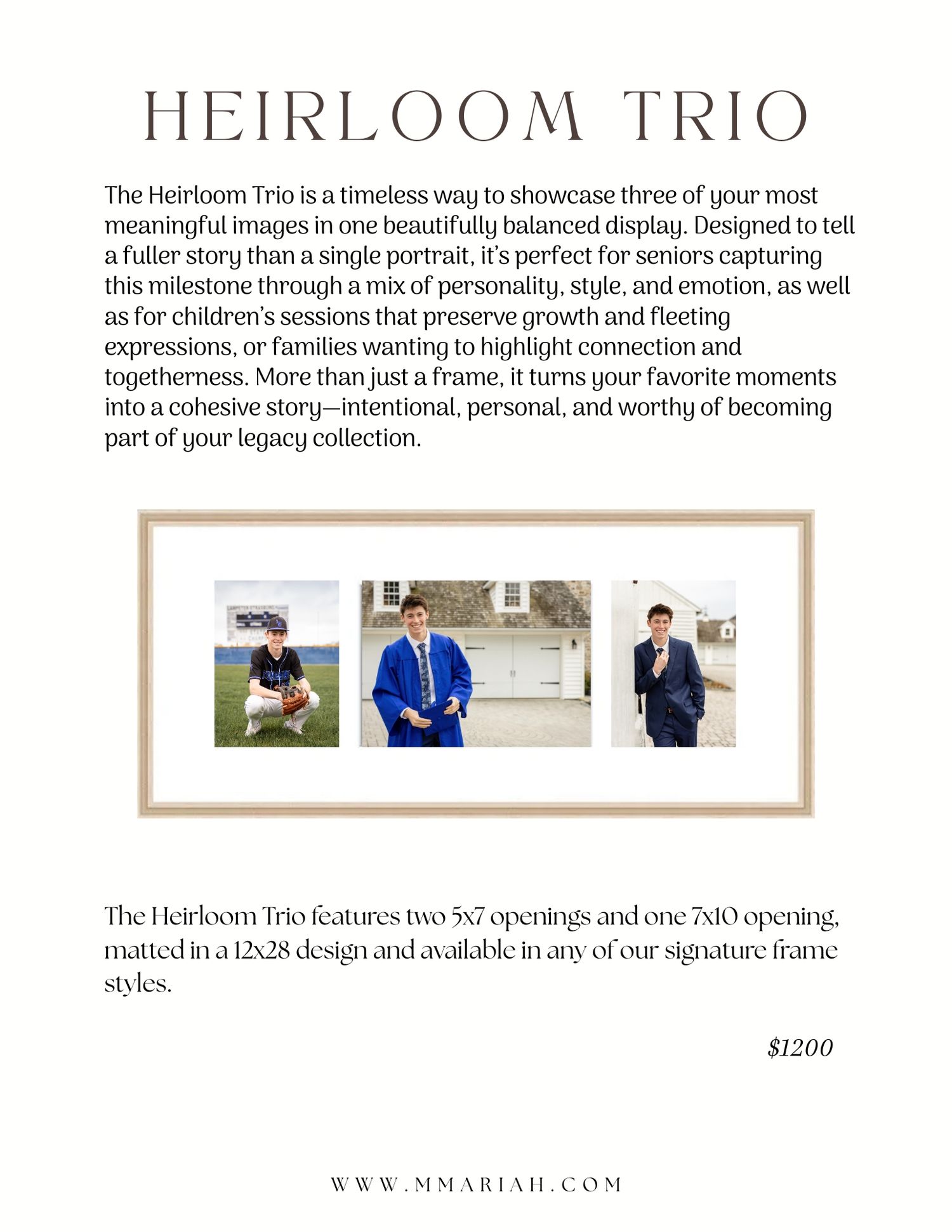 Heirloom Trio portrait display featuring three matted photos of seniors and families in a 12x28 frame design.
