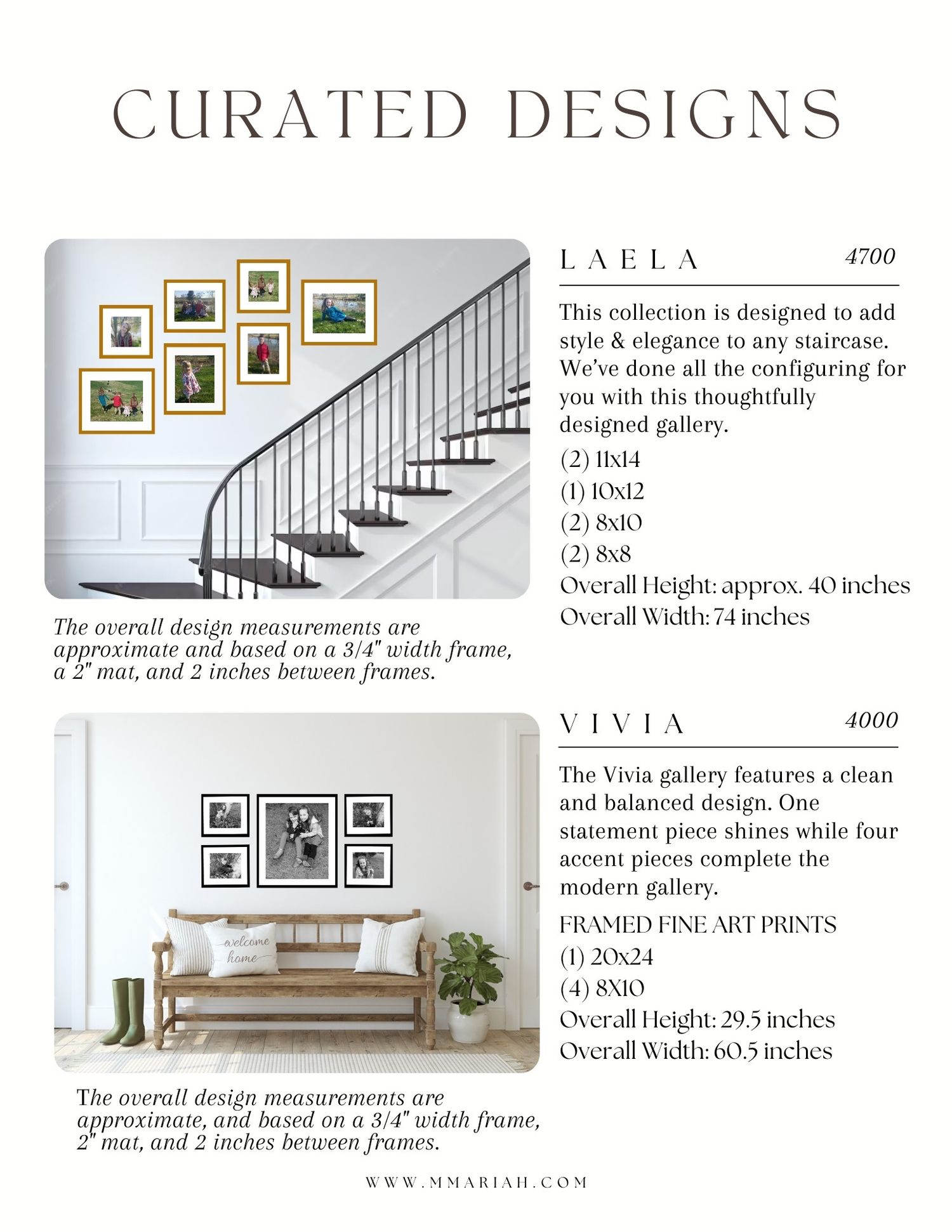 Interior design layouts featuring stairway gallery wall configurations and measurements.