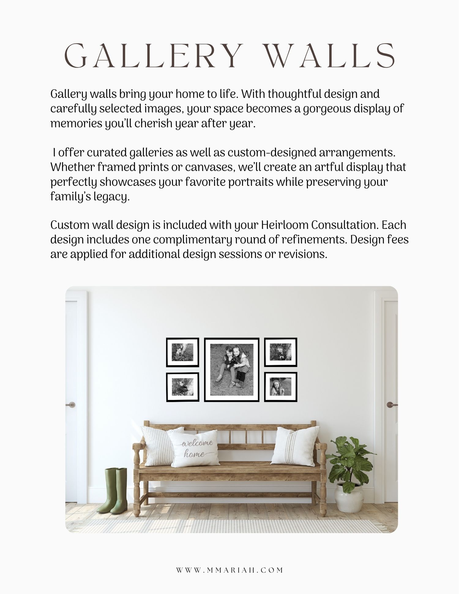 A minimalist gallery wall display above a wooden bench with framed black and white family portraits in a bright, airy living space.