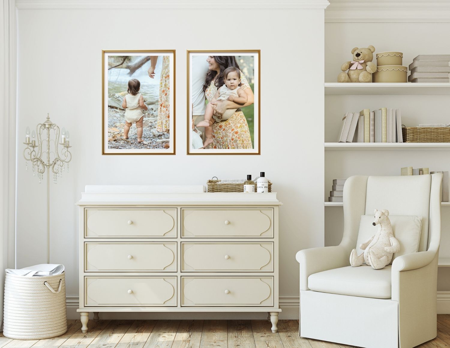 Nursery room with framed photos above a white dresser, featuring a cozy armchair, teddy bear, and soft neutral decor.