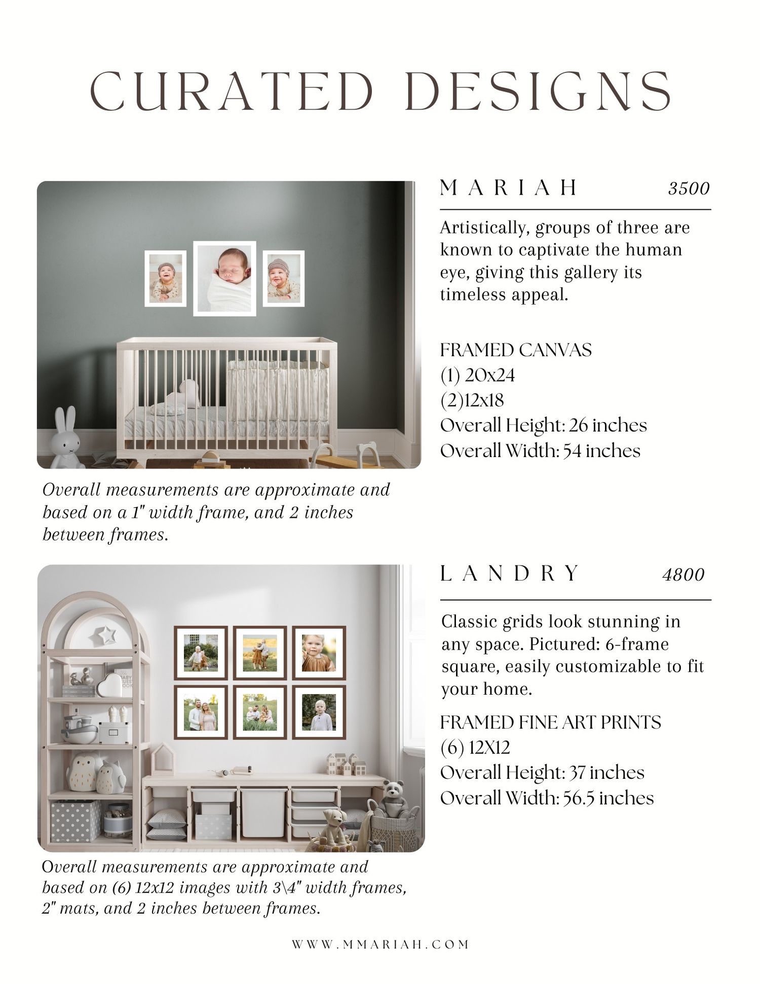 Design guide showing curated wall gallery layouts and measurements for photo arrangements.