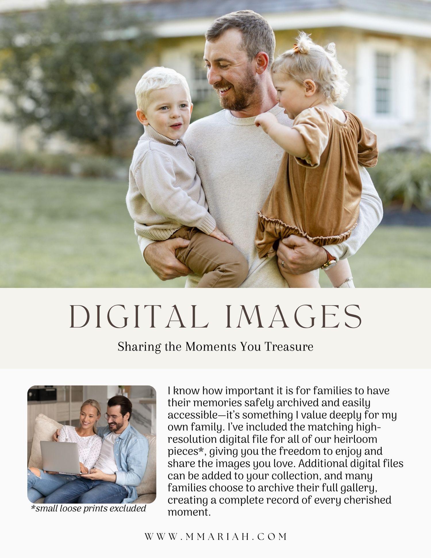 Marketing display showing digital photography packages and services for preserving family memories.