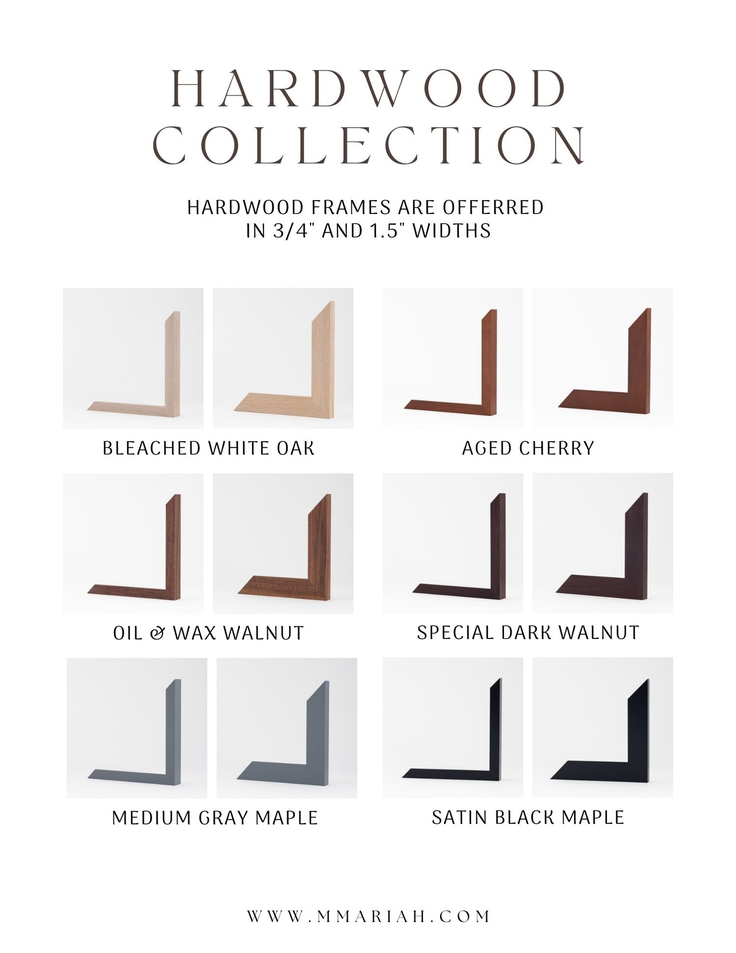 Hardwood collection featuring various frame finishes and wood types.