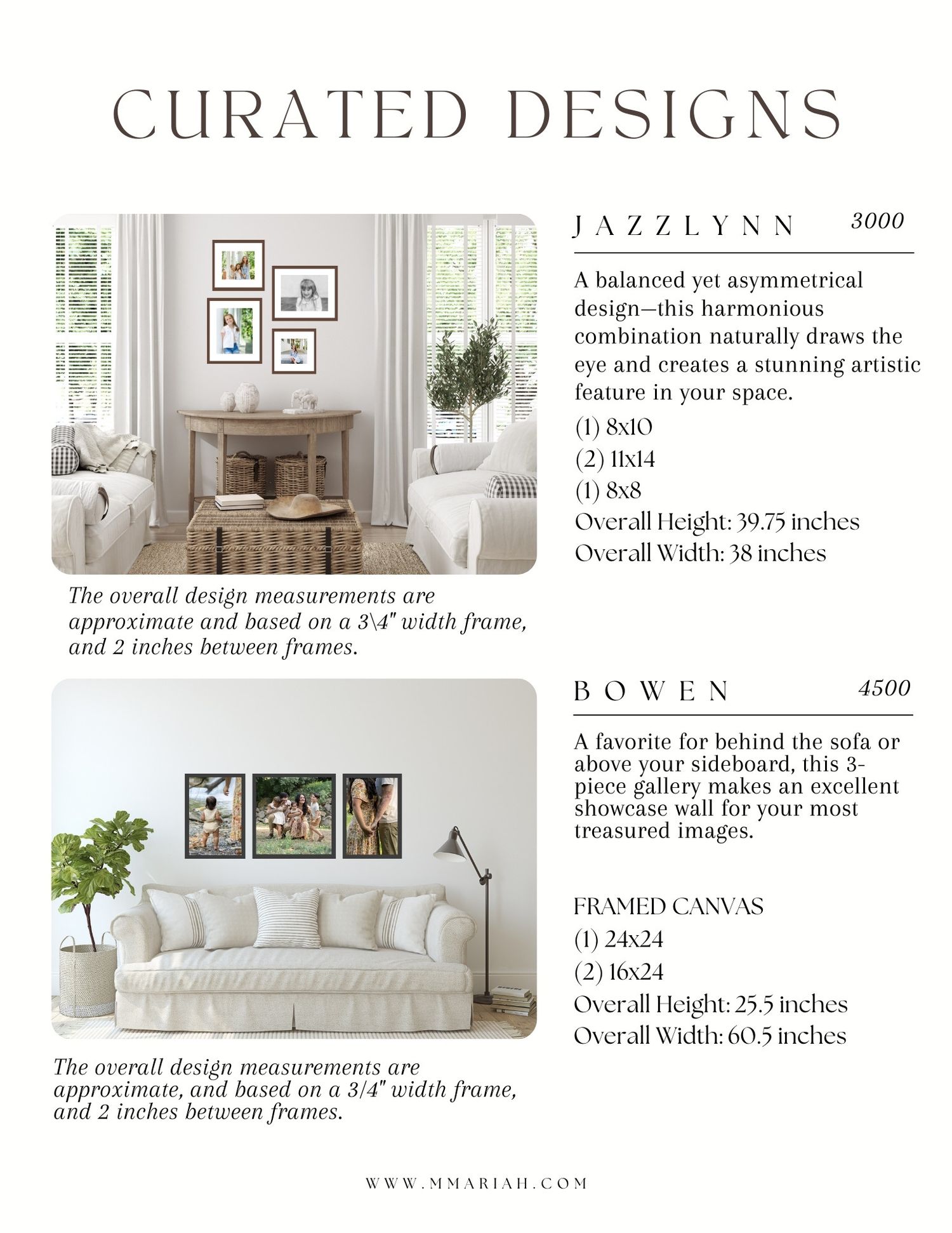 Product catalog page showing living room wall gallery arrangements with measurements.