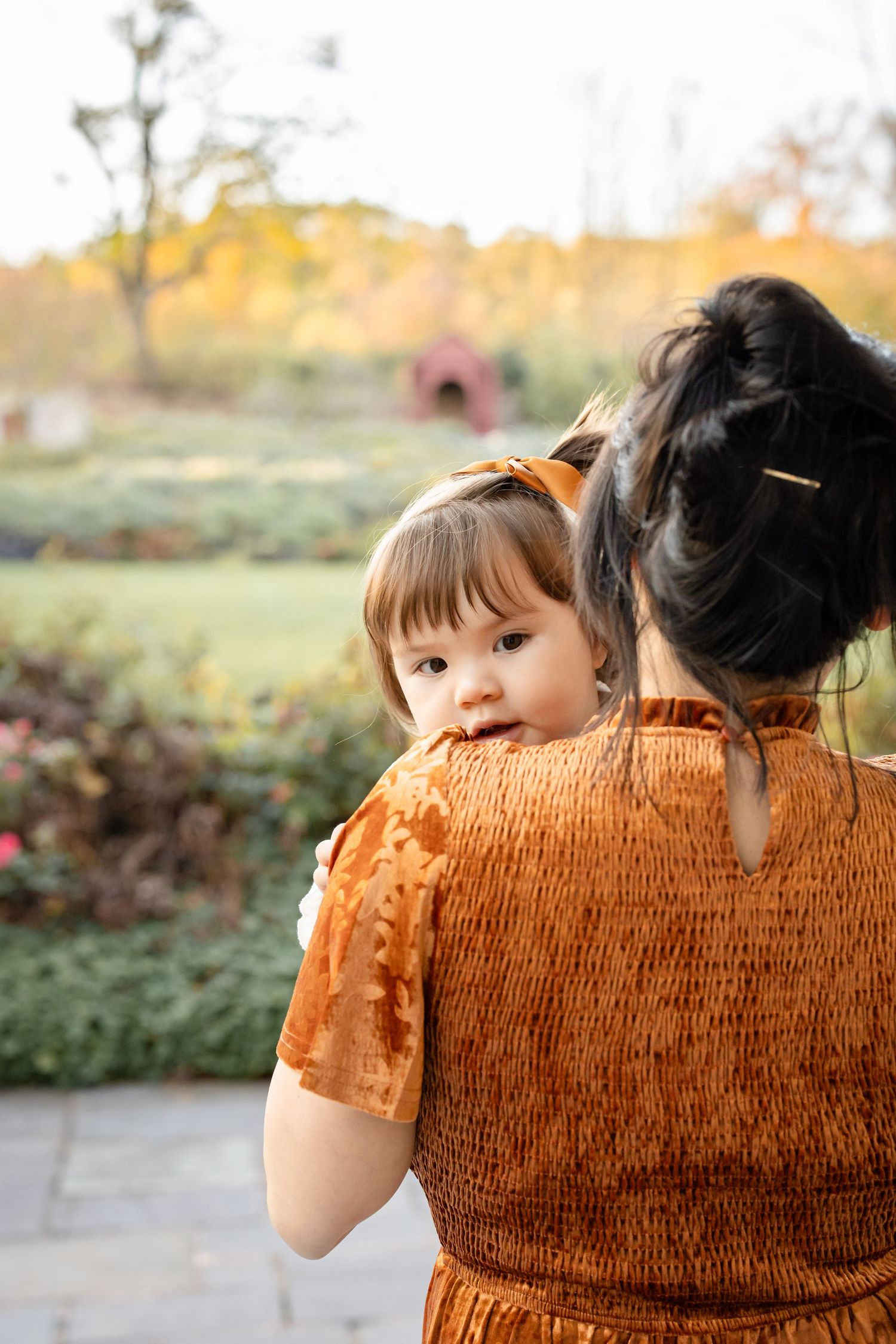 Back view of a woman in a velvet fall dress, her baby peering over her shoulder, captured in a luxury fine art session at Elizabeth Furnace