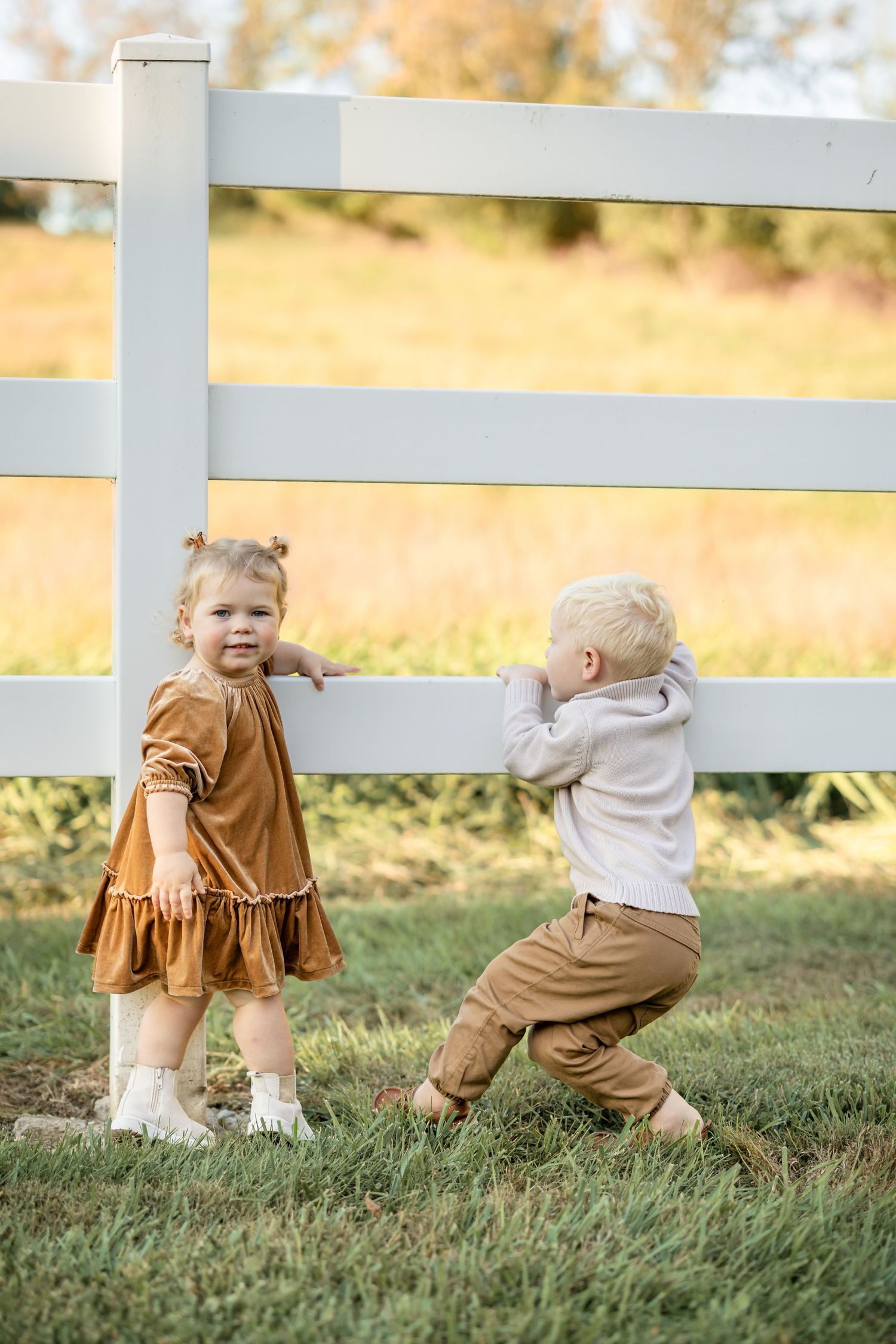 Two toddlers in autumn outfits playing by a white wooden fence in a sunny green field.