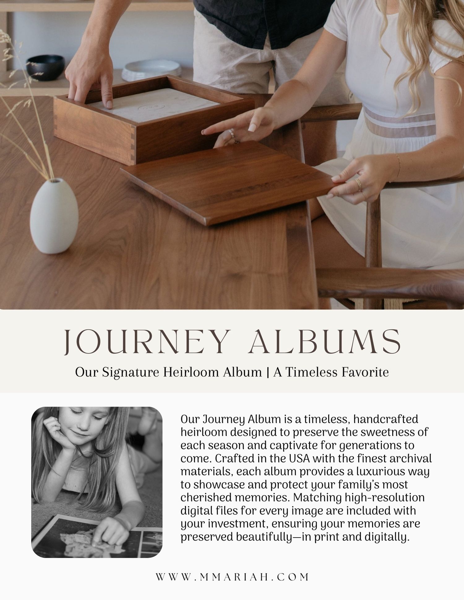 Marketing page showcasing handcrafted photo albums with wooden covers and archival pages.