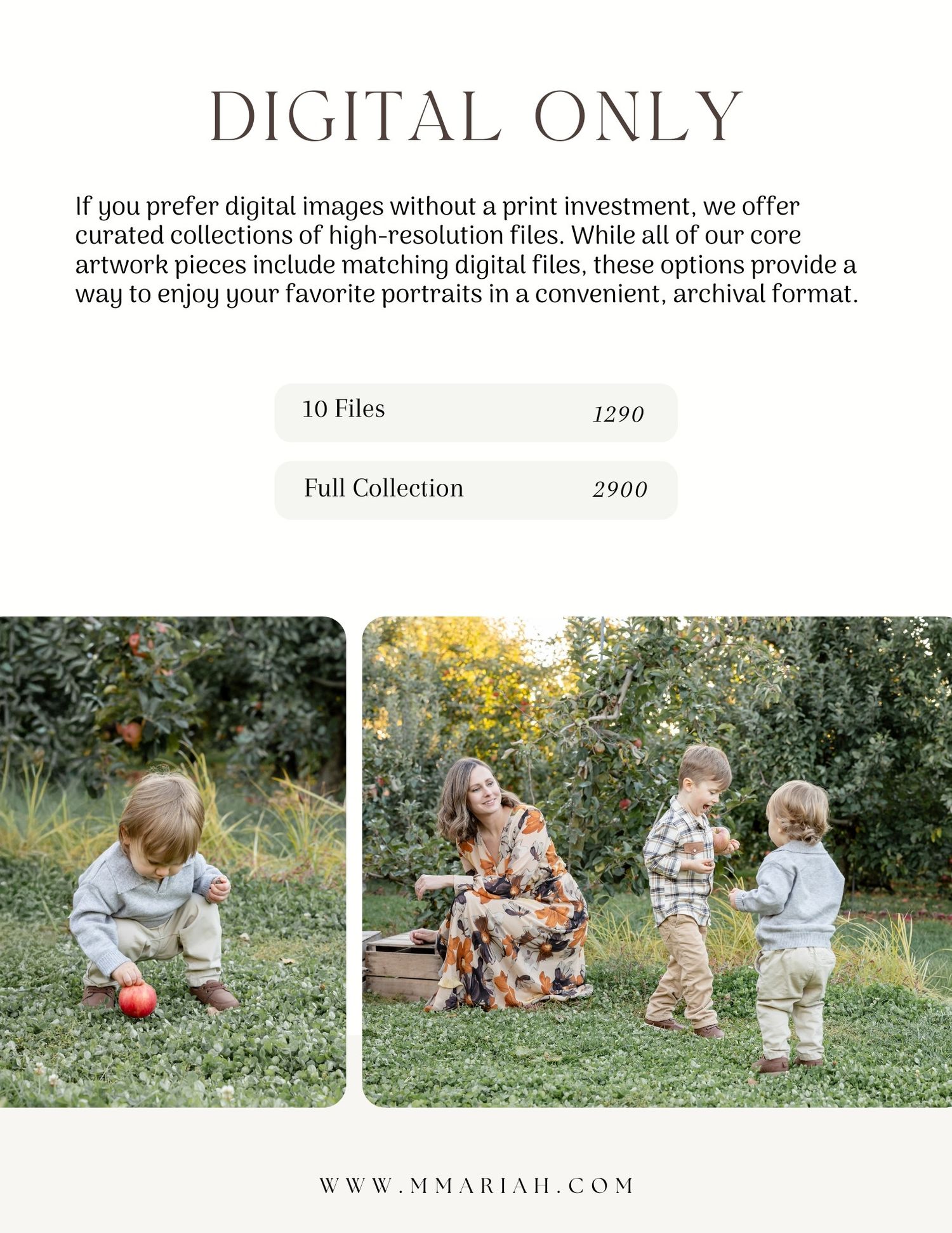 Outdoor photography collection showing digital-only package options with sample images.