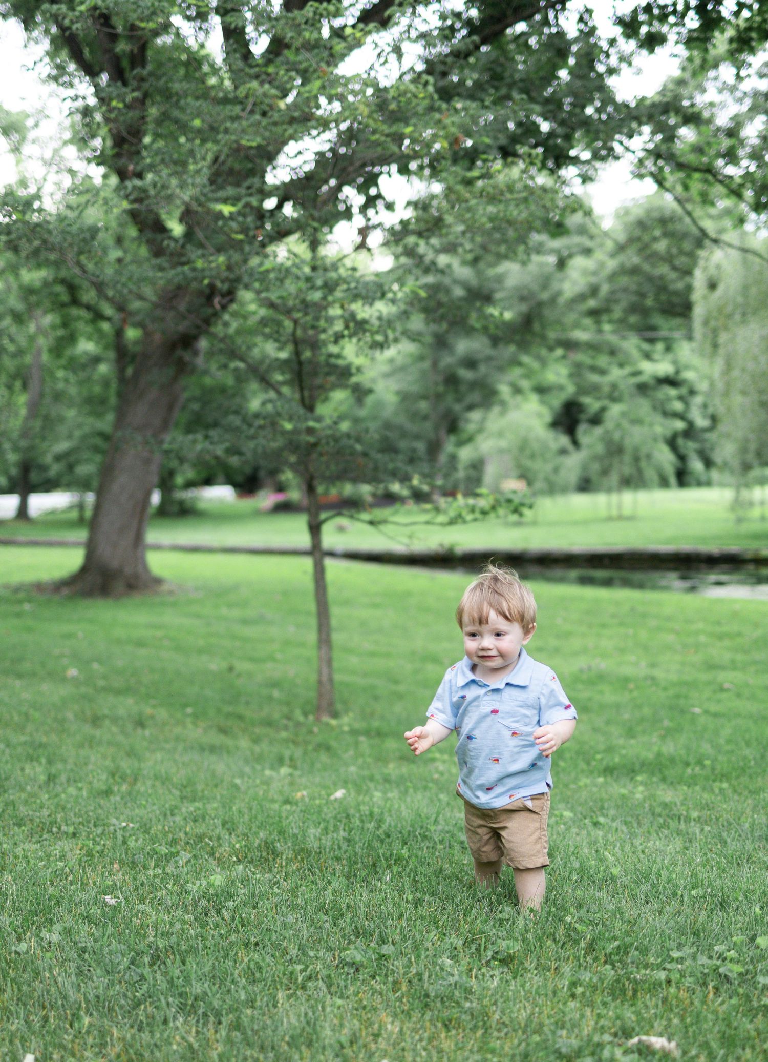 Small boy plays in grass at Donegal Presbyterian Church in Mount Joy, PA during family session with Lancaster, PA photographer