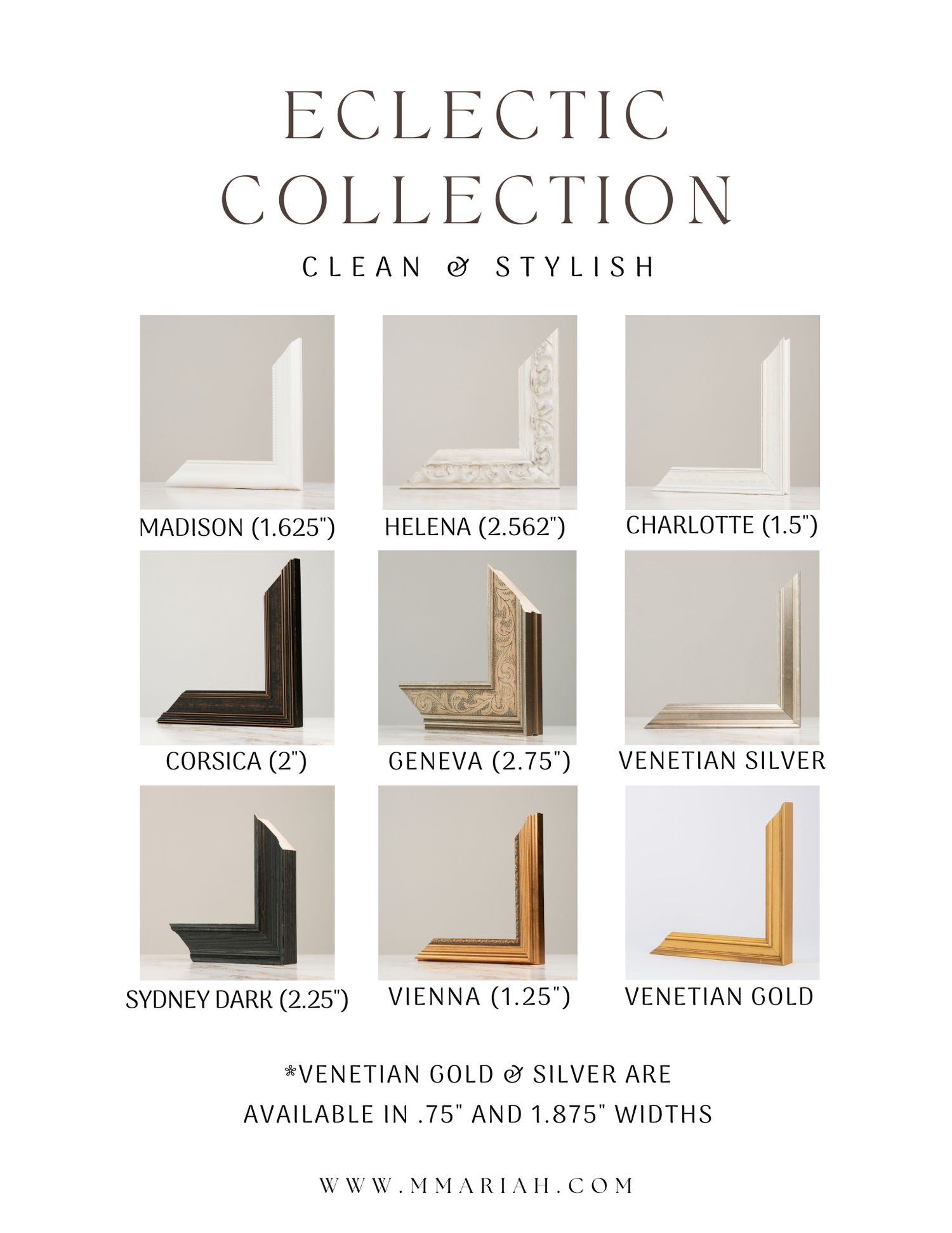 Collection of minimalist picture frame corner samples in gold, silver, and black finishes with style names and measurements.
