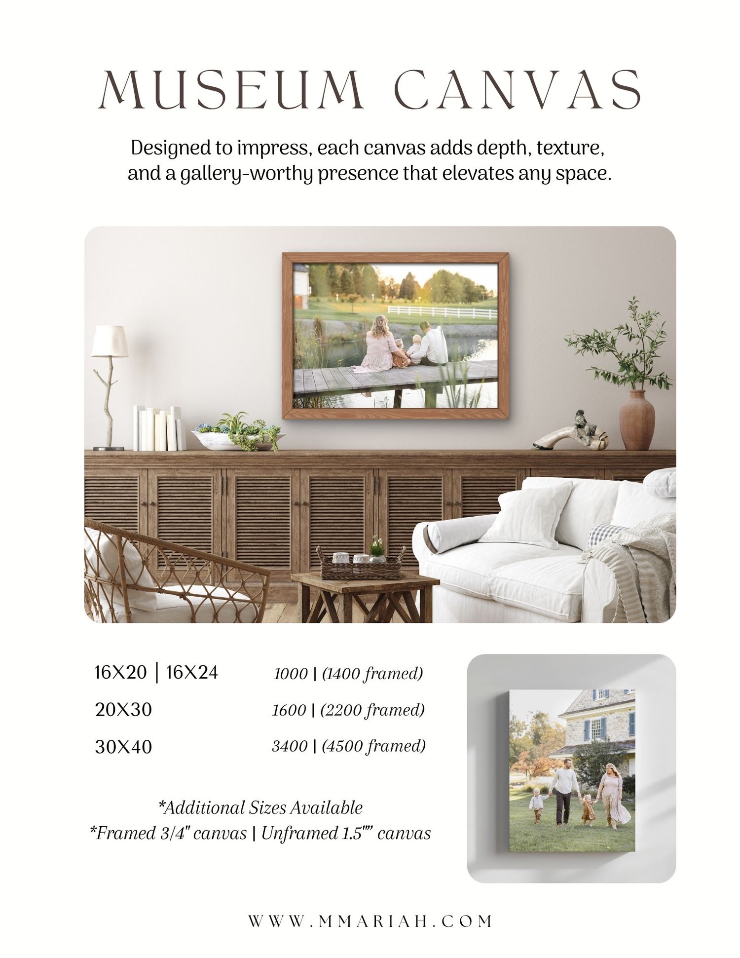 Museum canvas size guide showing various framing options and room placement examples.